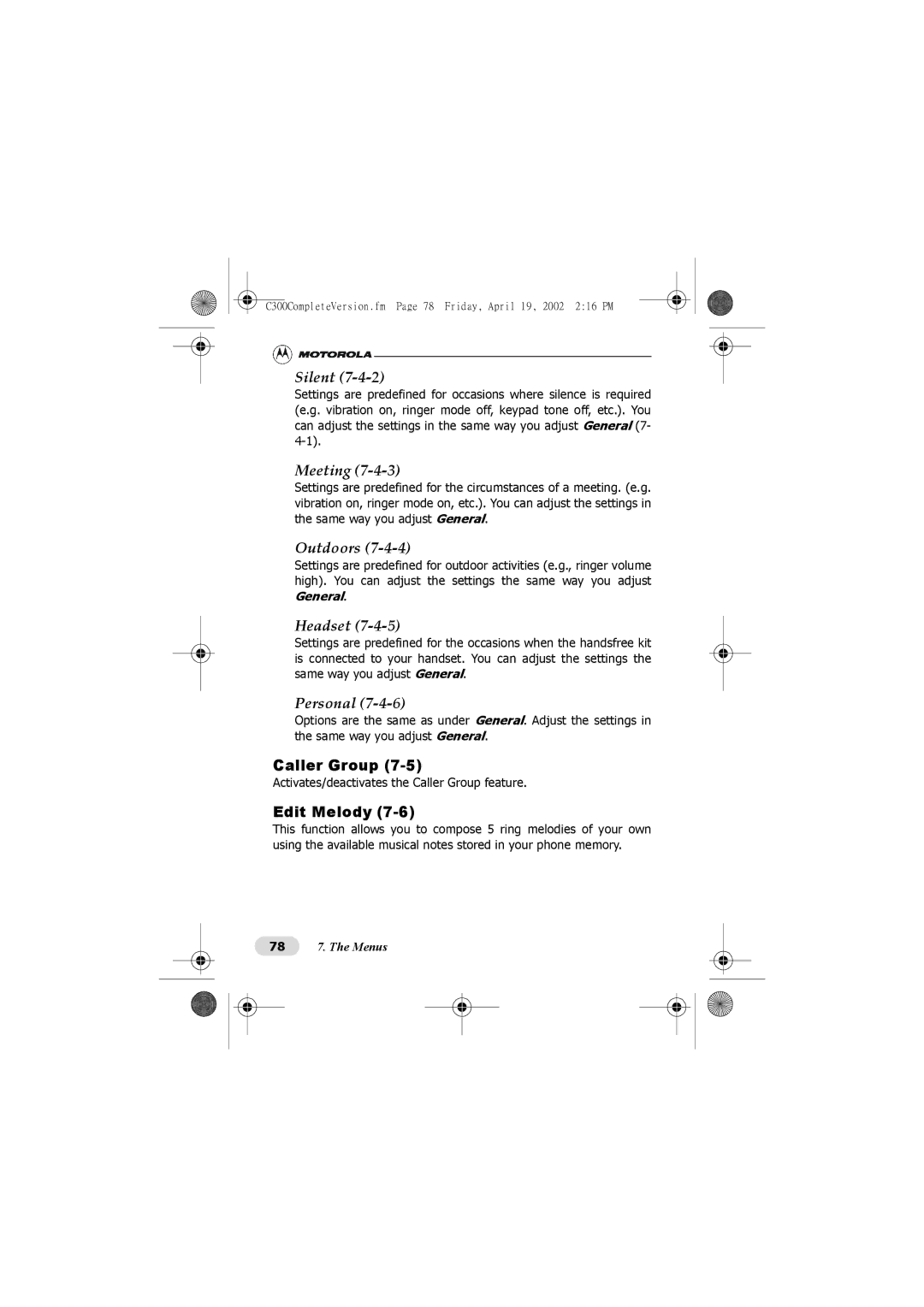 Motorola C300 manual Silent, Meeting, Outdoors, Headset, Personal 