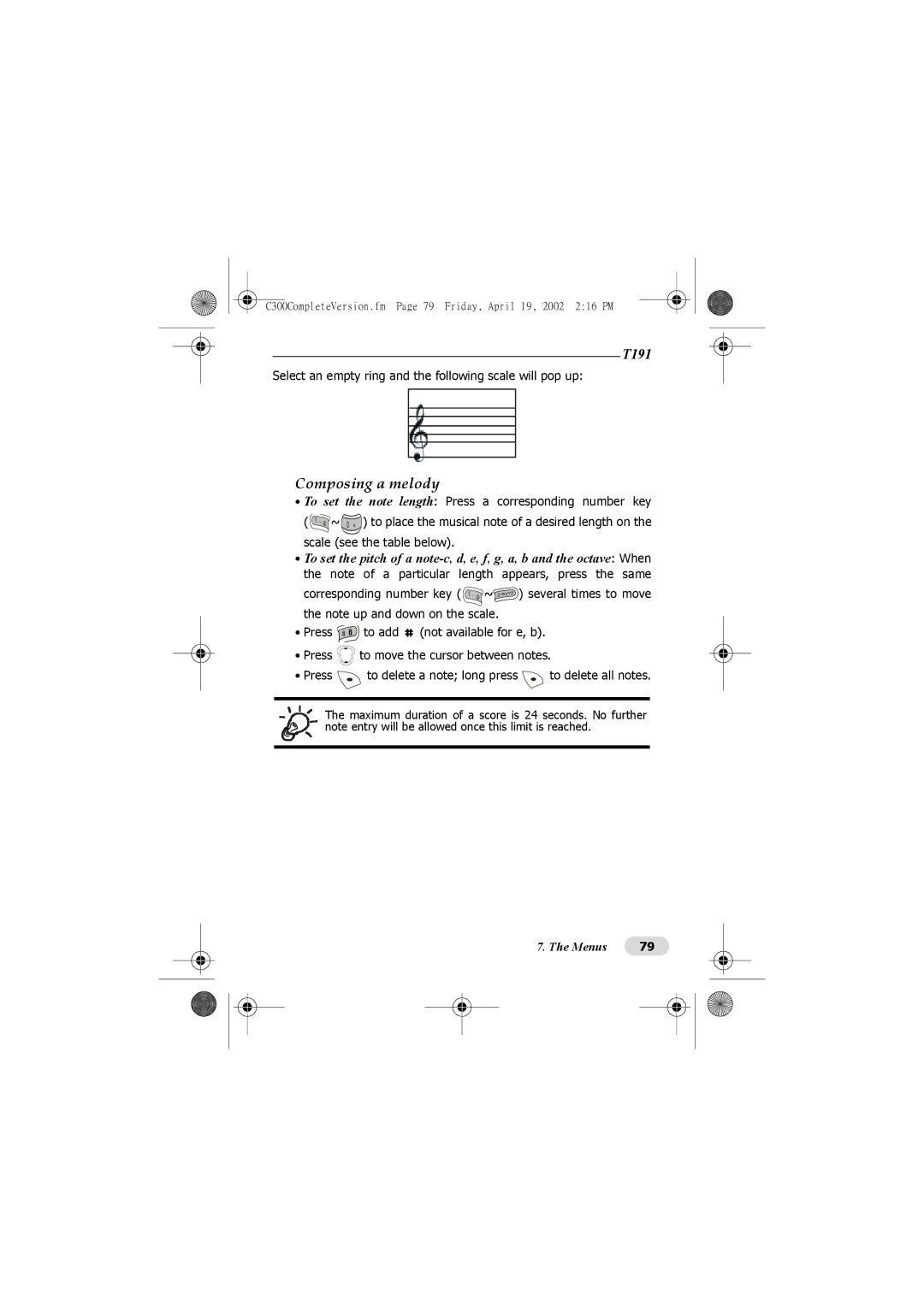 Motorola C300 manual Composing a melody, Select an empty ring and the following scale will pop up 