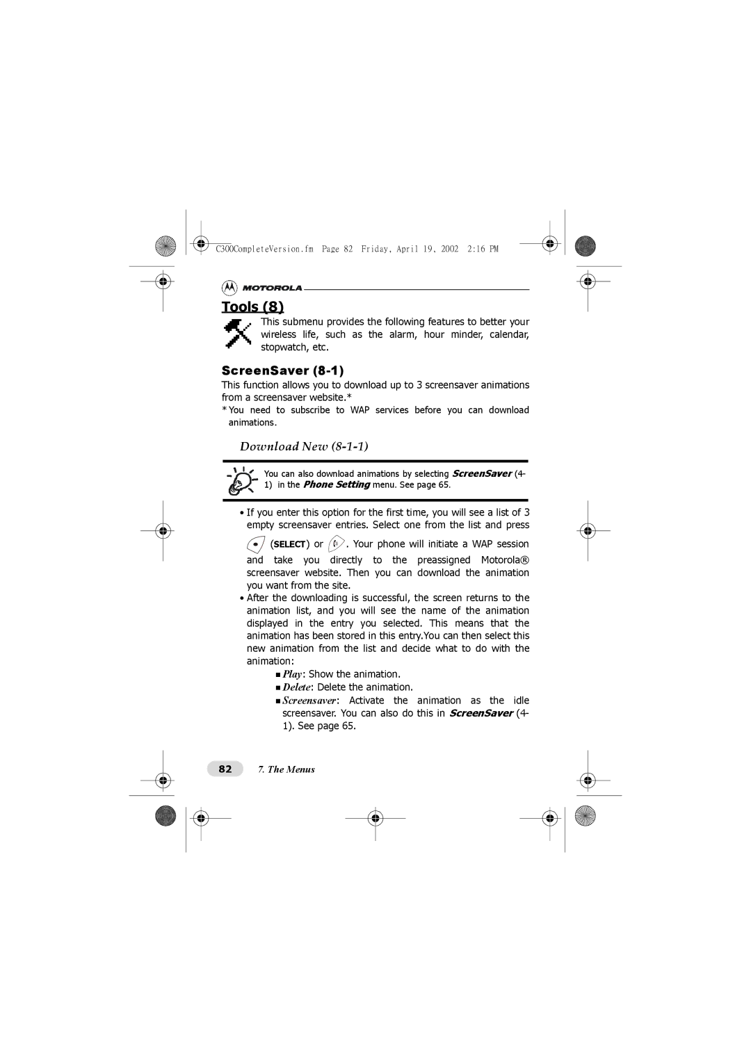 Motorola C300 manual Tools, ScreenSaver 