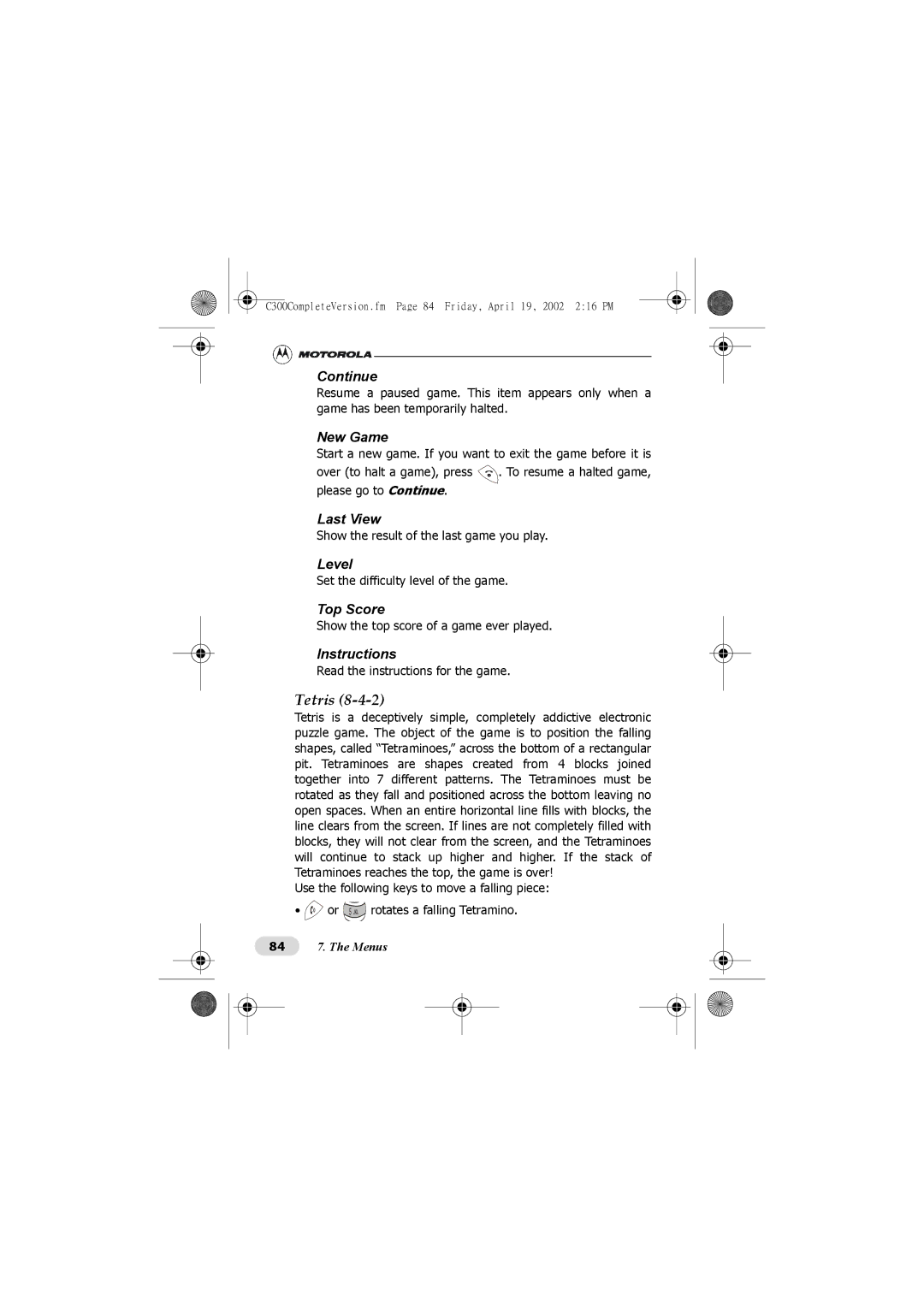 Motorola C300 manual Tetris 