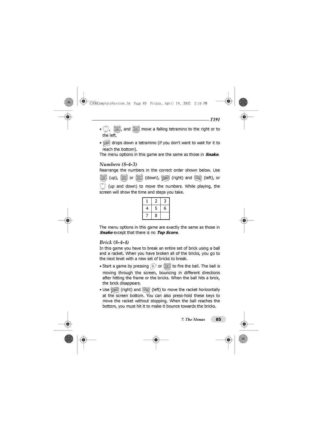 Motorola C300 manual Numbers, Brick, move a falling tetramino to the right or to 