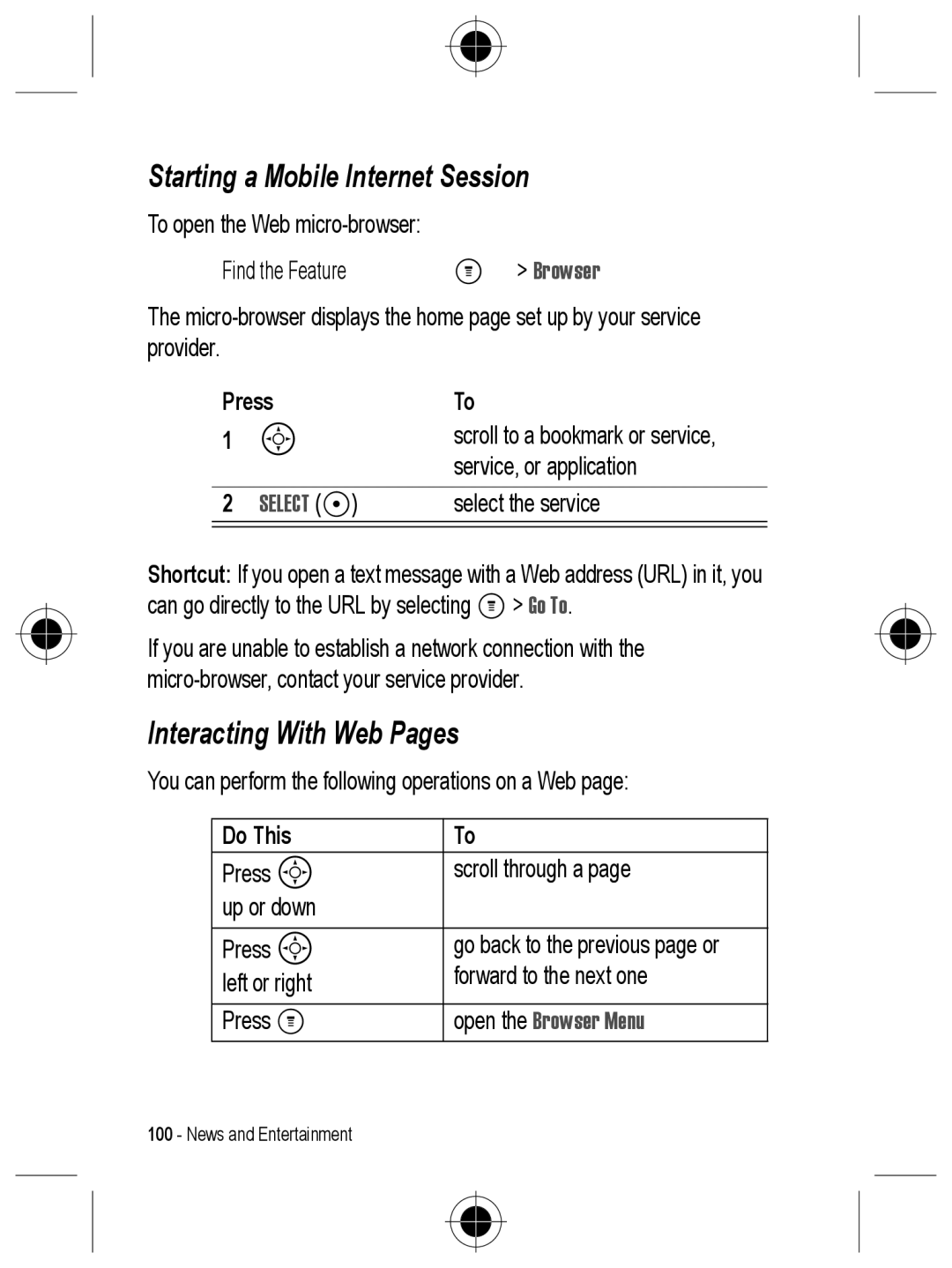 Motorola C330 manual Starting a Mobile Internet Session, Interacting With Web Pages, Open the Browser Menu 