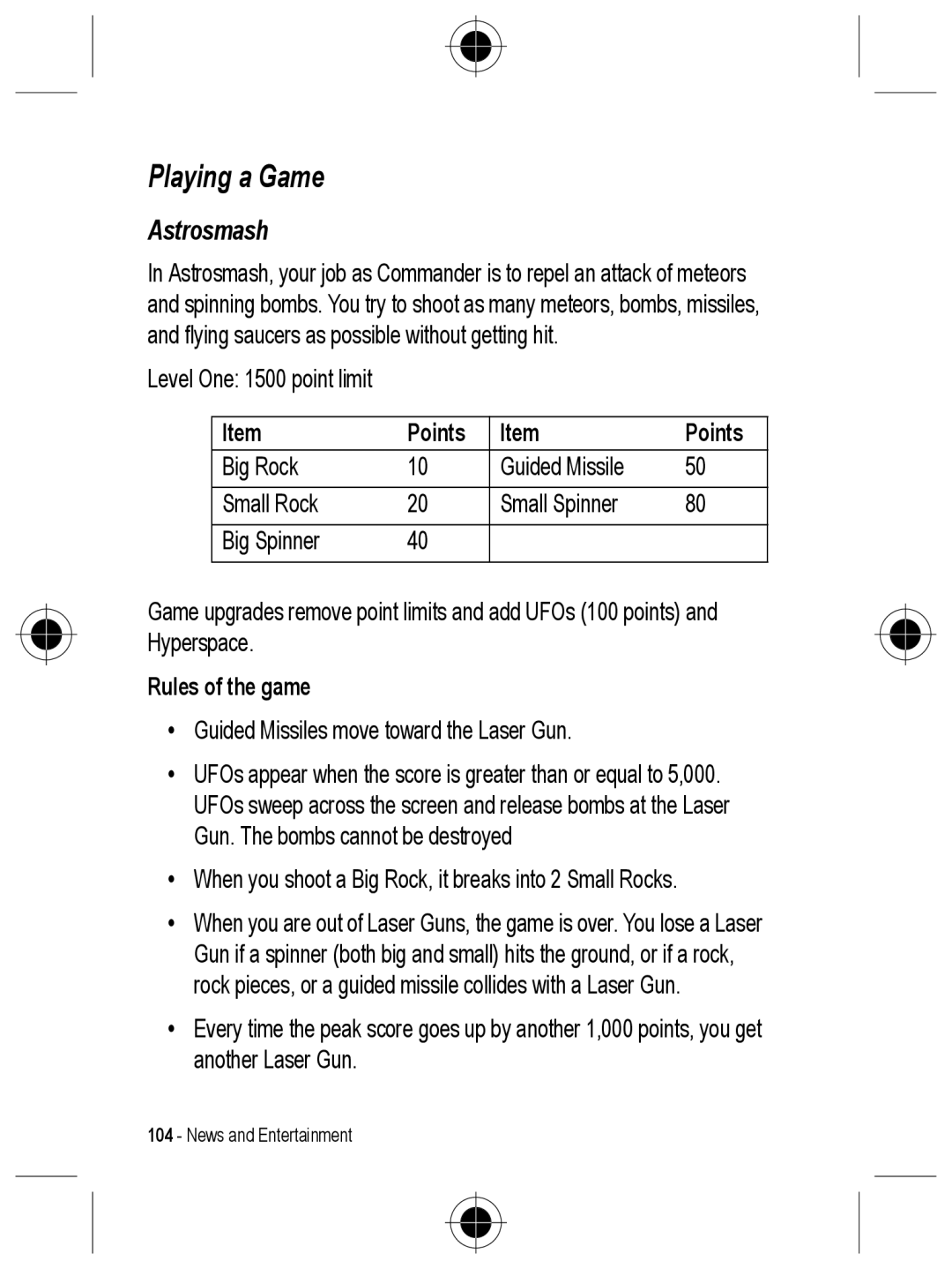 Motorola C330 manual Playing a Game, Astrosmash, Points, Rules of the game 