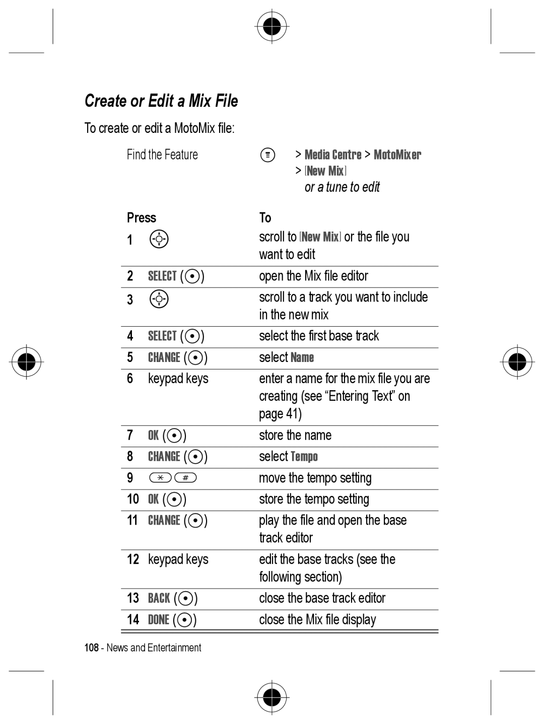 Motorola C330 manual Create or Edit a Mix File, Media Centre MotoMixer, New Mix 