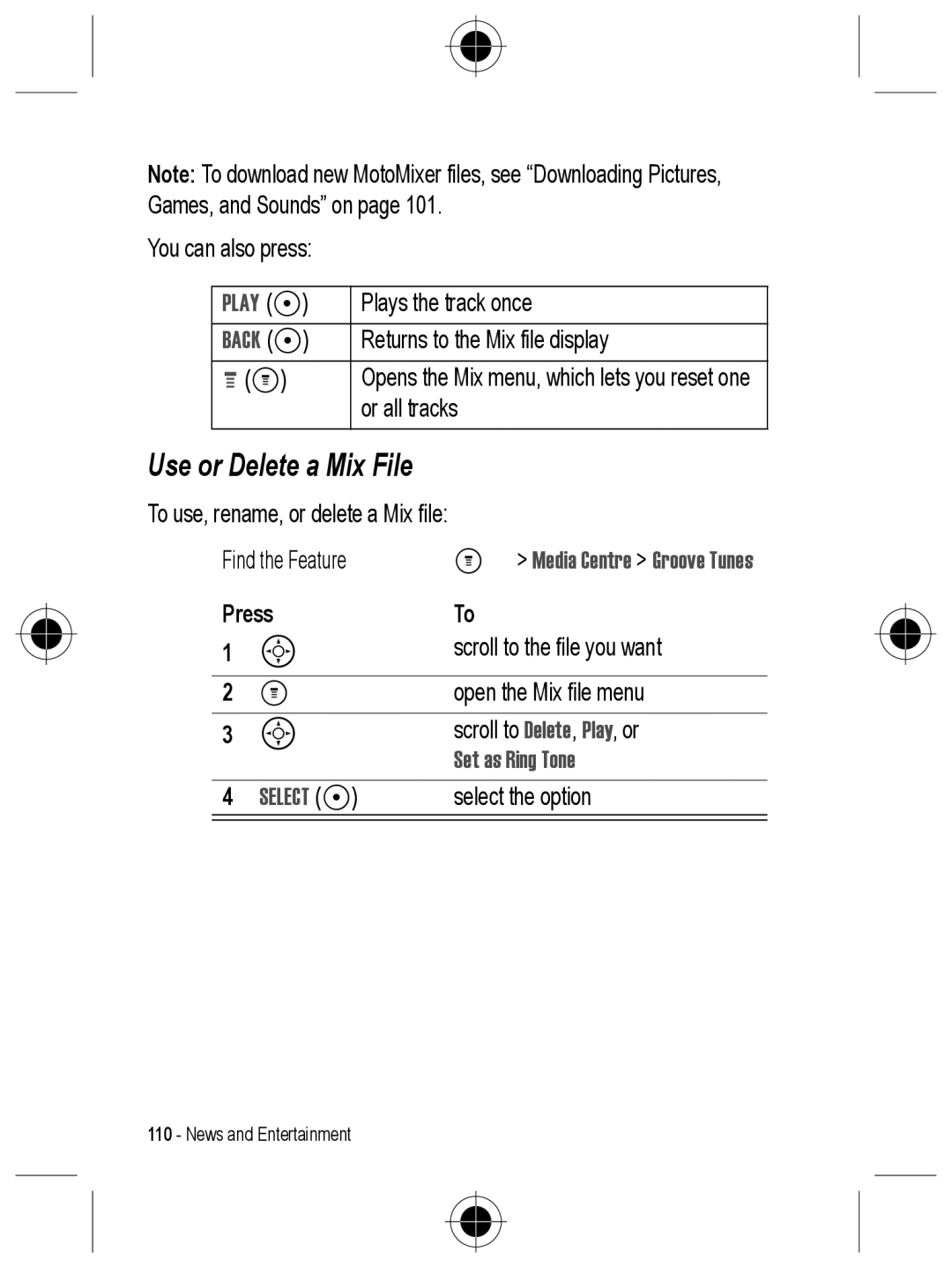 Motorola C330 manual Use or Delete a Mix File, Play +, Media Centre Groove Tunes, Set as Ring Tone 