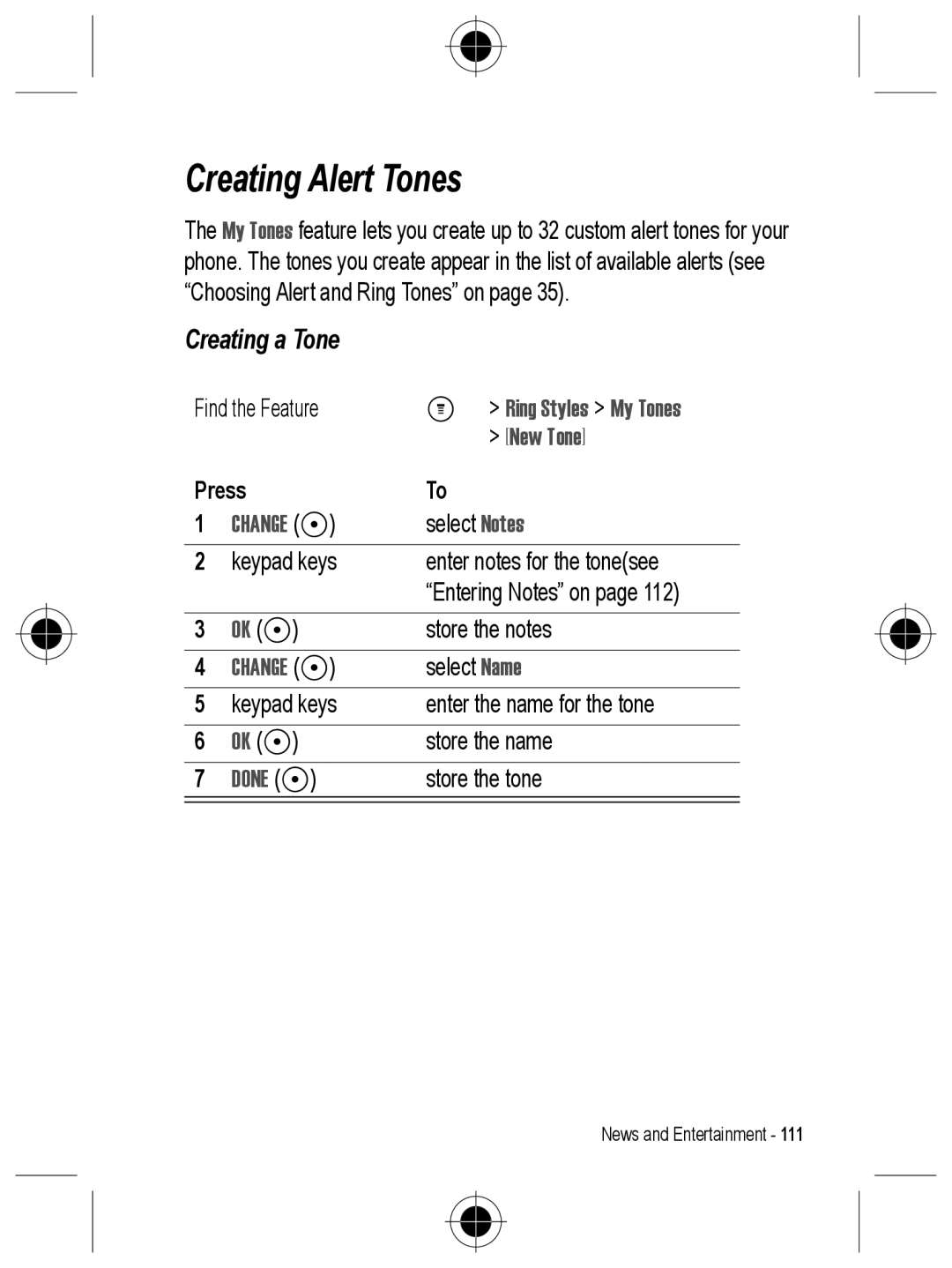 Motorola C330 manual Creating Alert Tones, Creating a Tone, Ring Styles My Tones, New Tone 