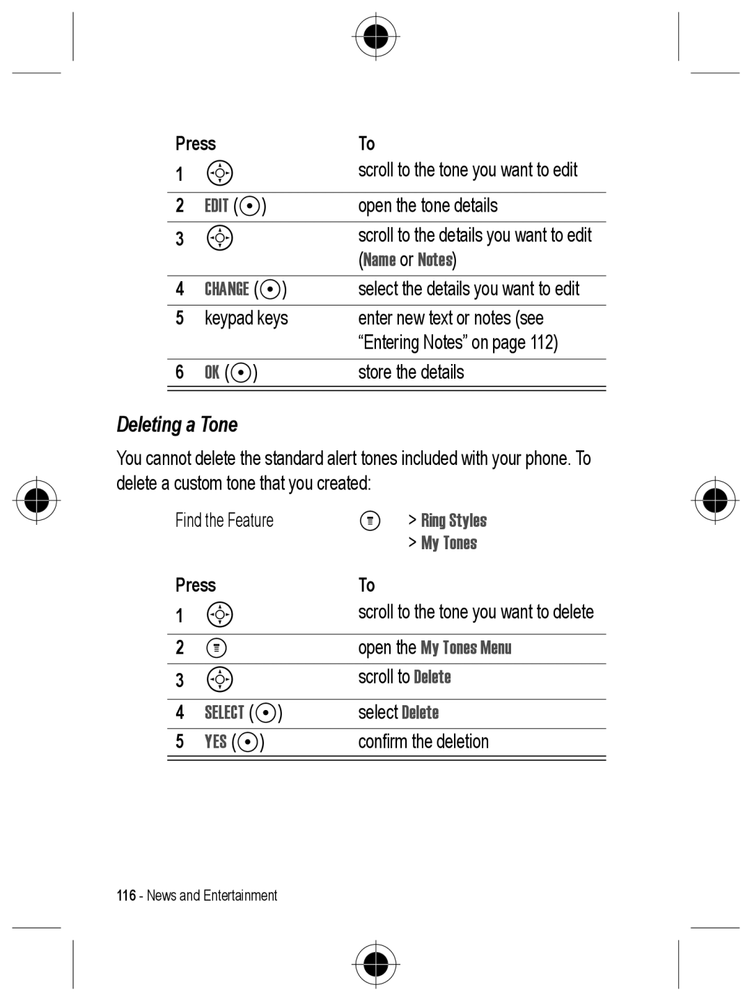 Motorola C330 manual Deleting a Tone, Name or Notes, Ring Styles, My Tones 