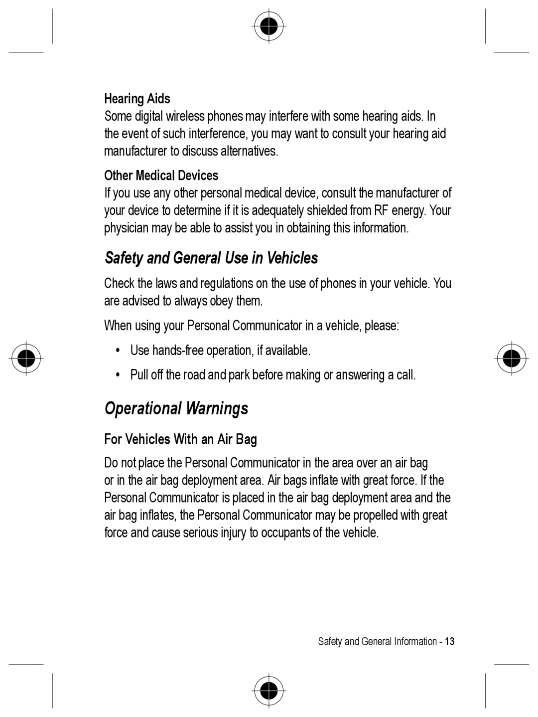 Motorola C330 manual Operational Warnings, Hearing Aids, Other Medical Devices 