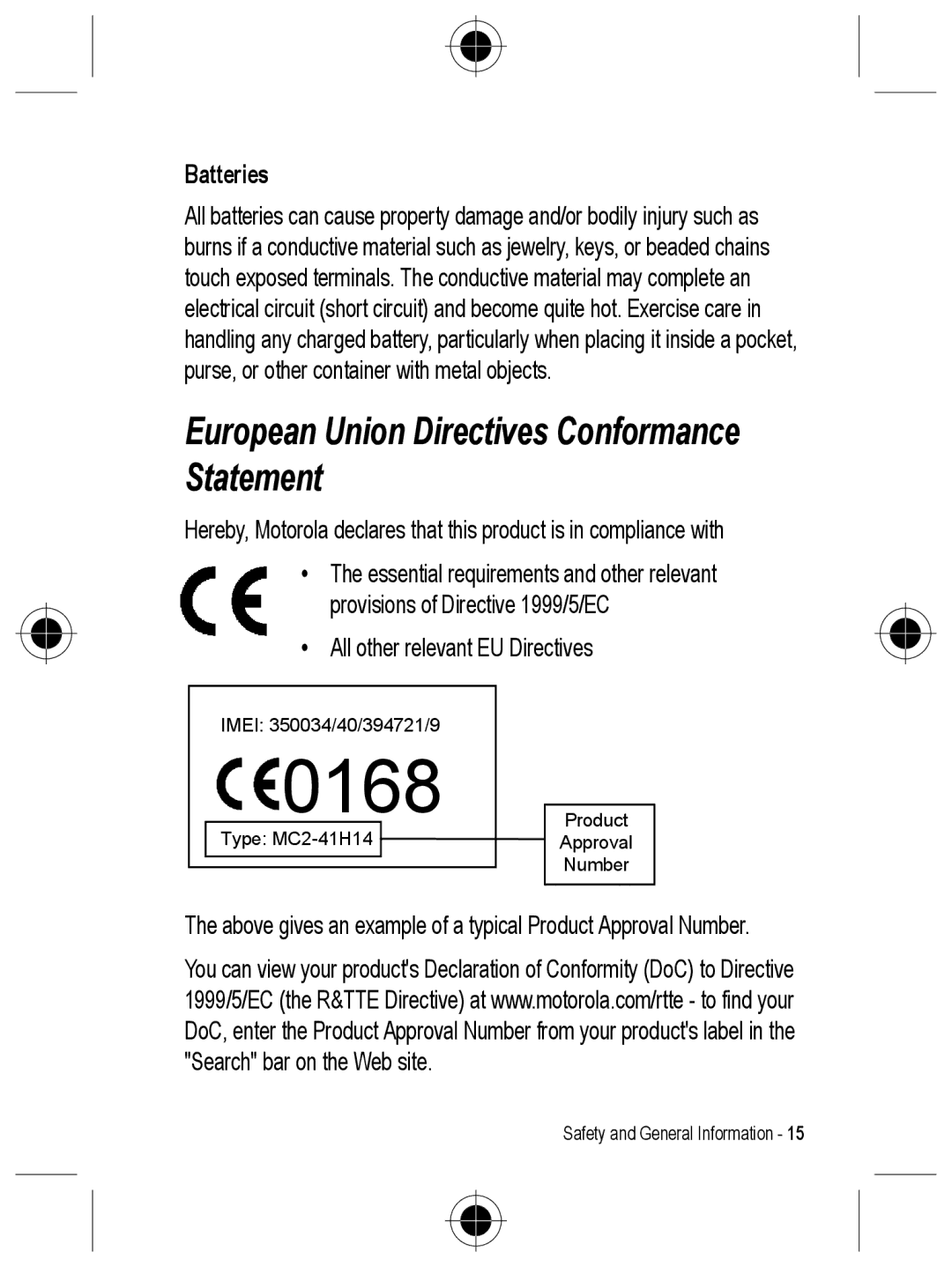 Motorola C330 manual European Union Directives Conformance Statement, Batteries 