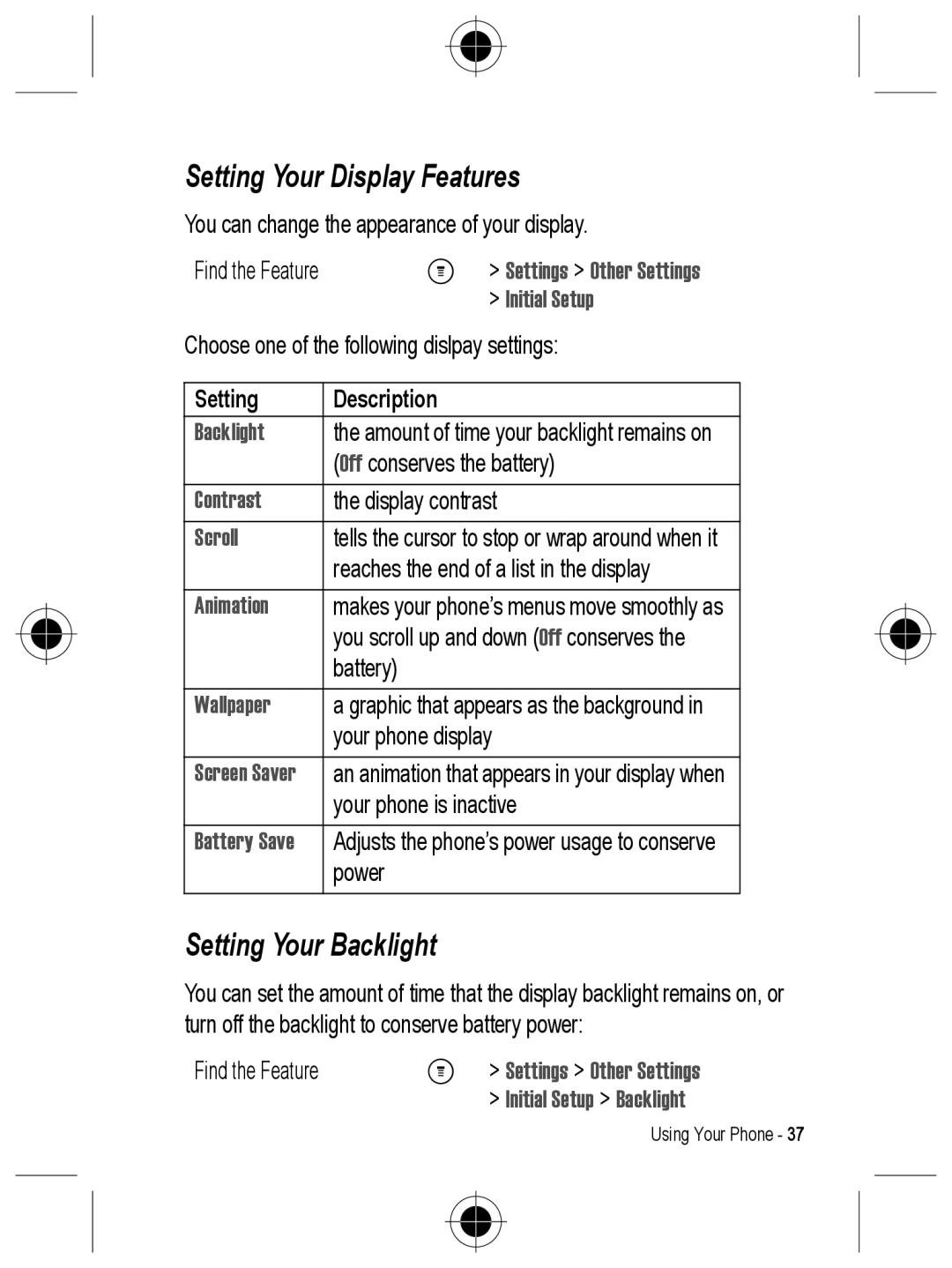 Motorola C330 manual Setting Your Display Features, Setting Your Backlight, Setting Description 