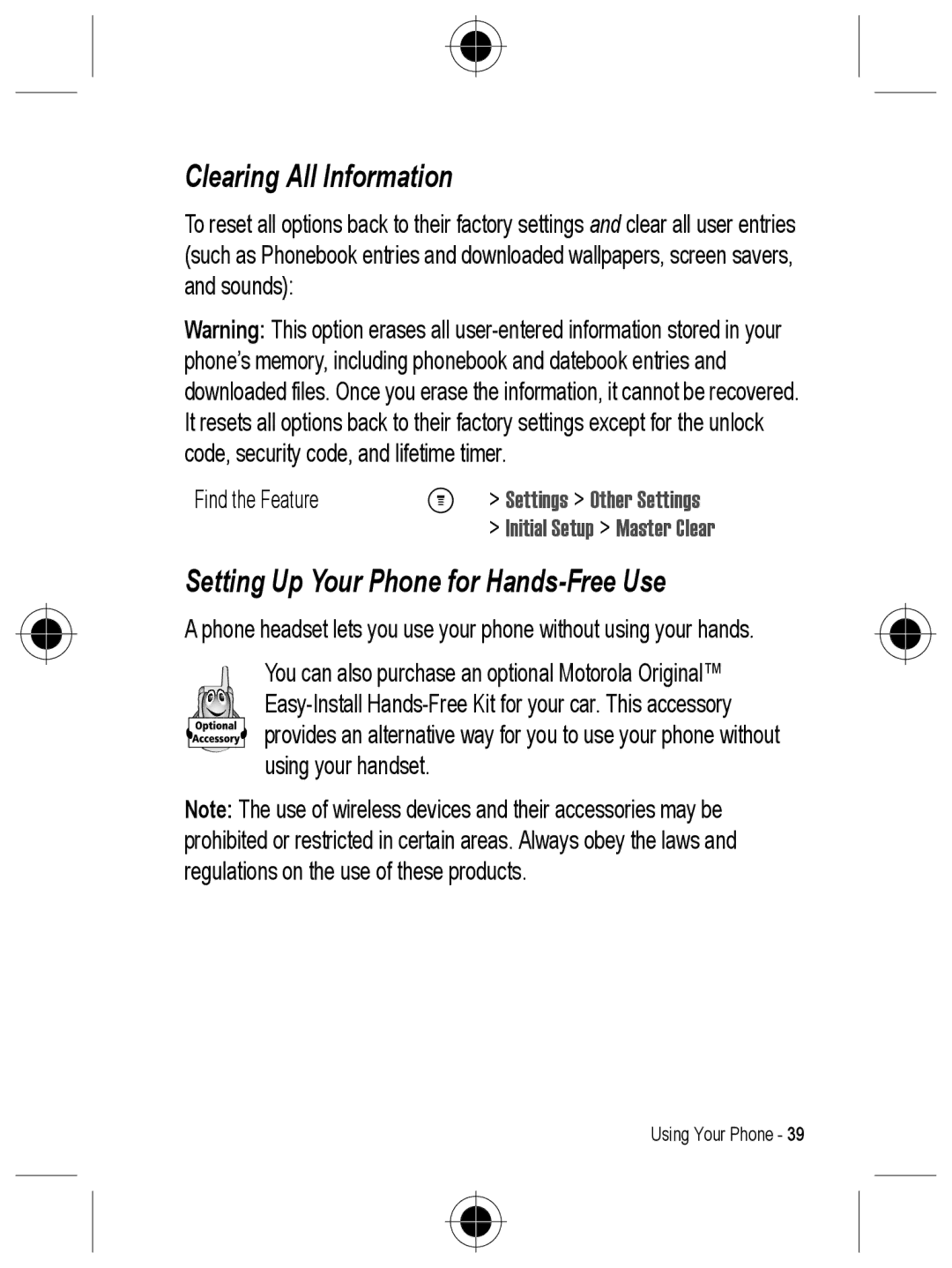 Motorola C330 manual Clearing All Information, Setting Up Your Phone for Hands-Free Use 