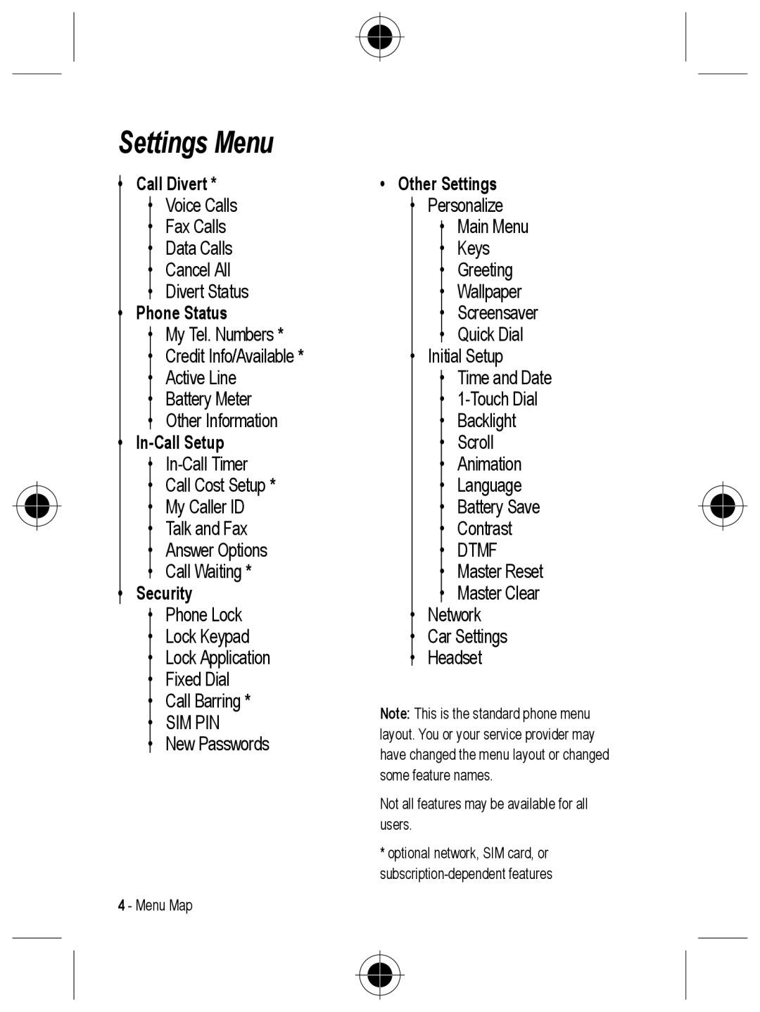 Motorola C330 manual Settings Menu, Call Divert Other Settings, Phone Status, In-Call Setup, Security 