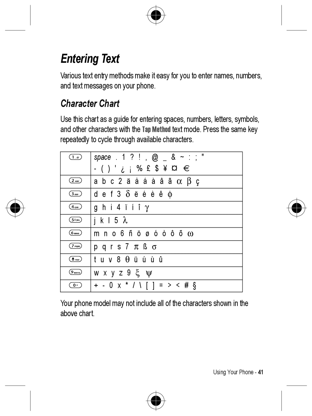 Motorola C330 manual Entering Text, Character Chart 