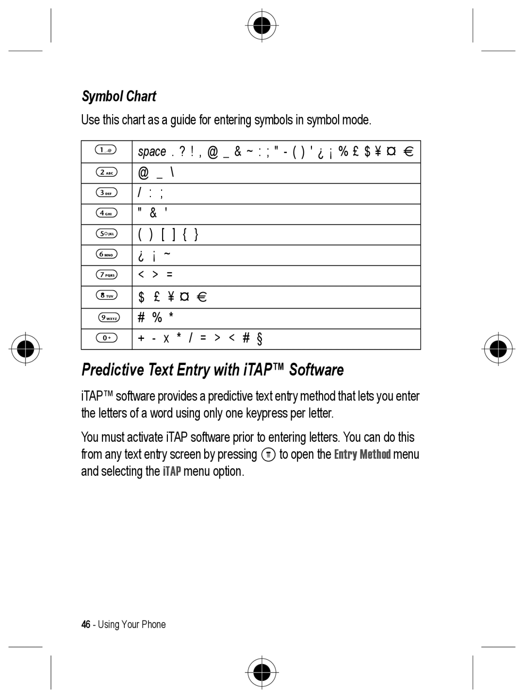 Motorola C330 manual Predictive Text Entry with iTAP Software, Symbol Chart 