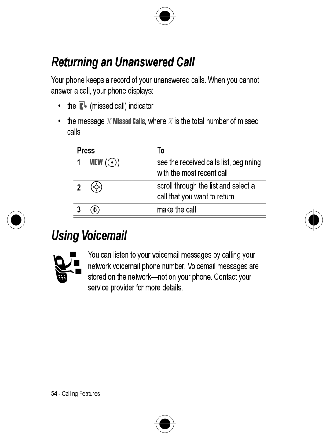 Motorola C330 manual Returning an Unanswered Call, Using Voicemail, View + 