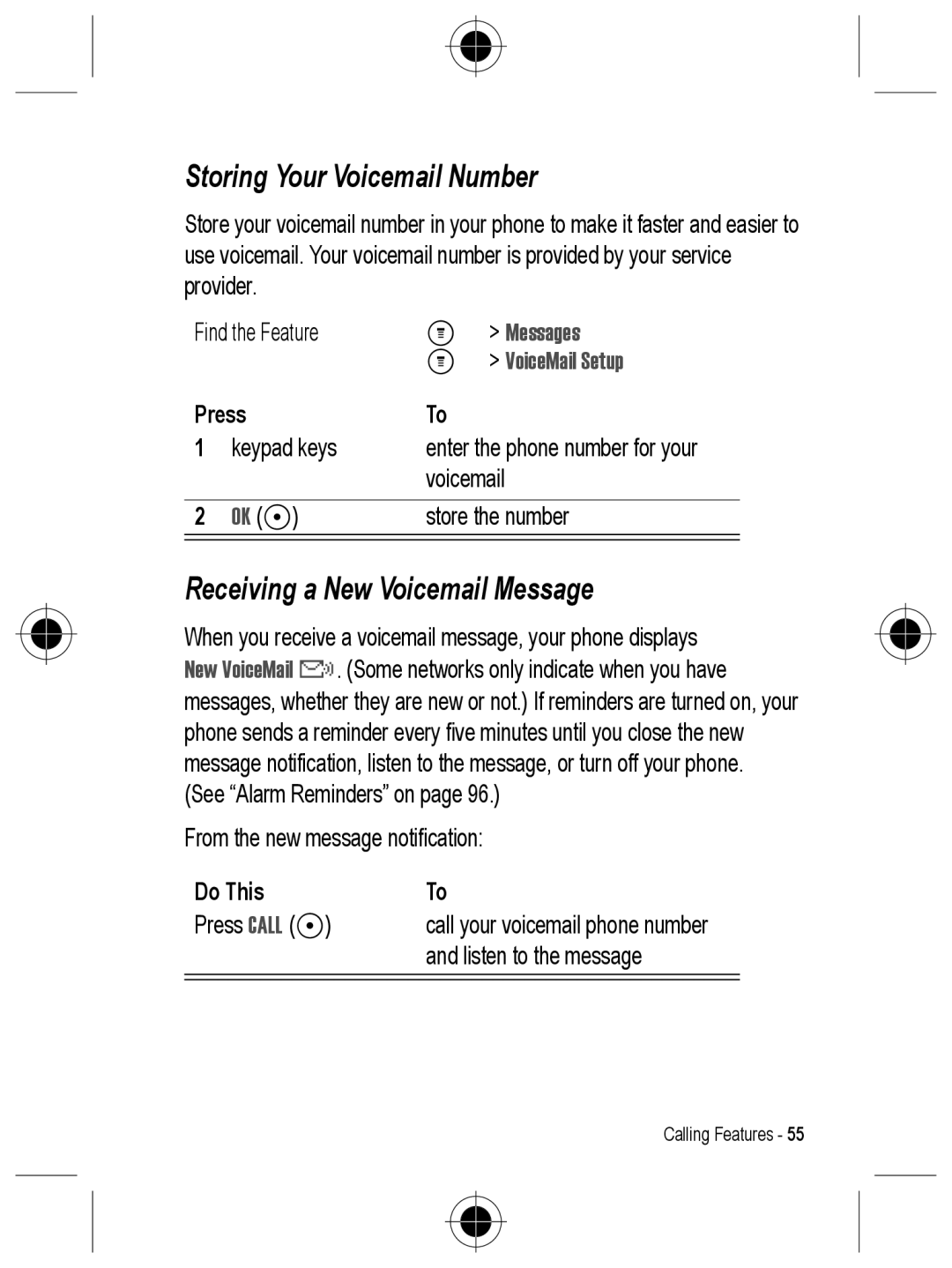 Motorola C330 manual Storing Your Voicemail Number, Receiving a New Voicemail Message, Messages, VoiceMail Setup, Ok + 