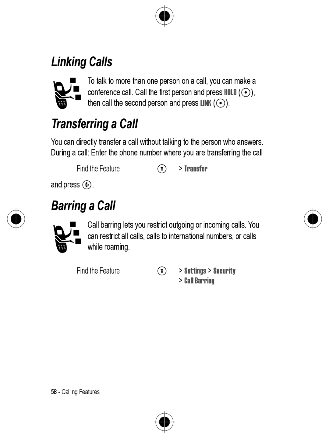 Motorola C330 manual Linking Calls, Transferring a Call, Barring a Call, Settings Security 