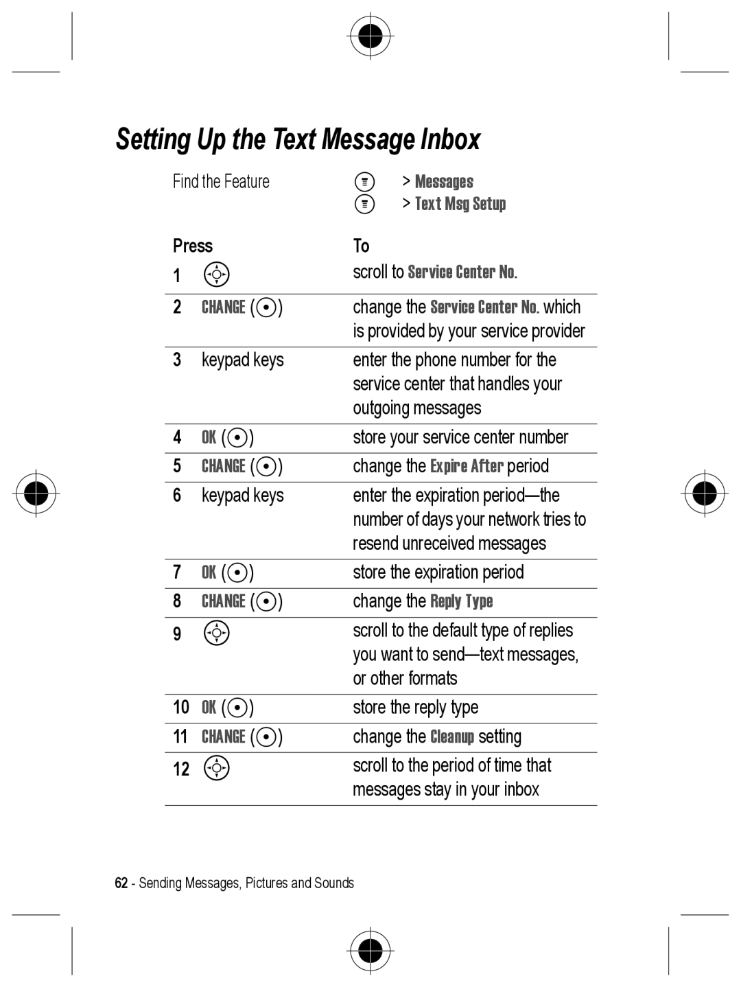 Motorola C330 manual Setting Up the Text Message Inbox, Text Msg Setup, Scroll to Service Center No 