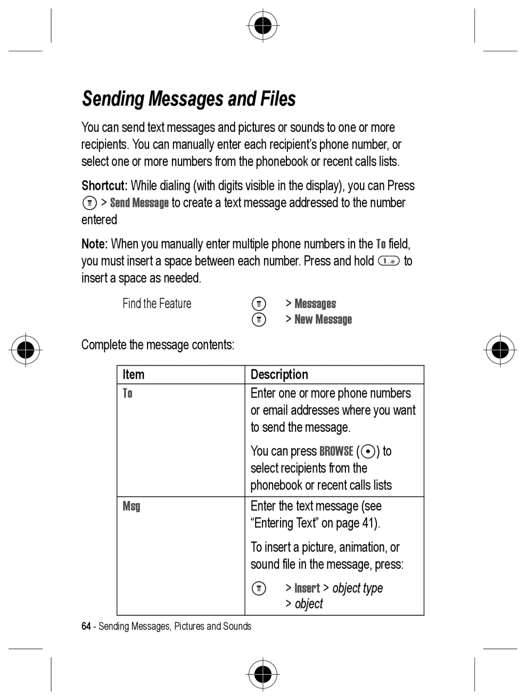 Motorola C330 manual Sending Messages and Files, New Message, Msg 