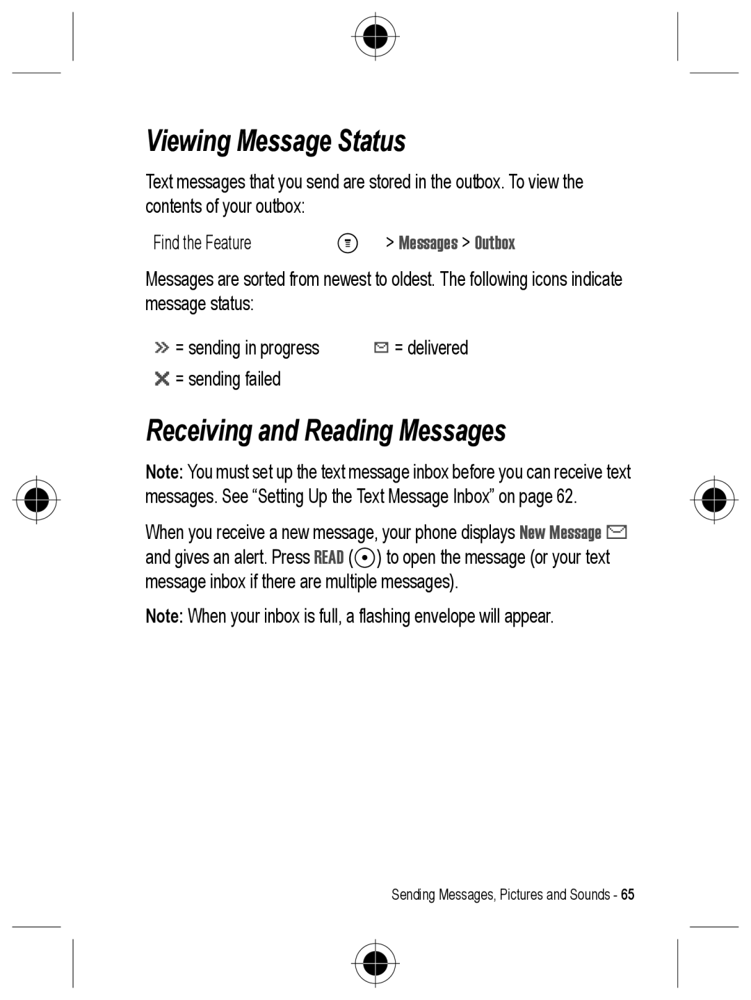 Motorola C330 manual Viewing Message Status, Receiving and Reading Messages, Messages Outbox 