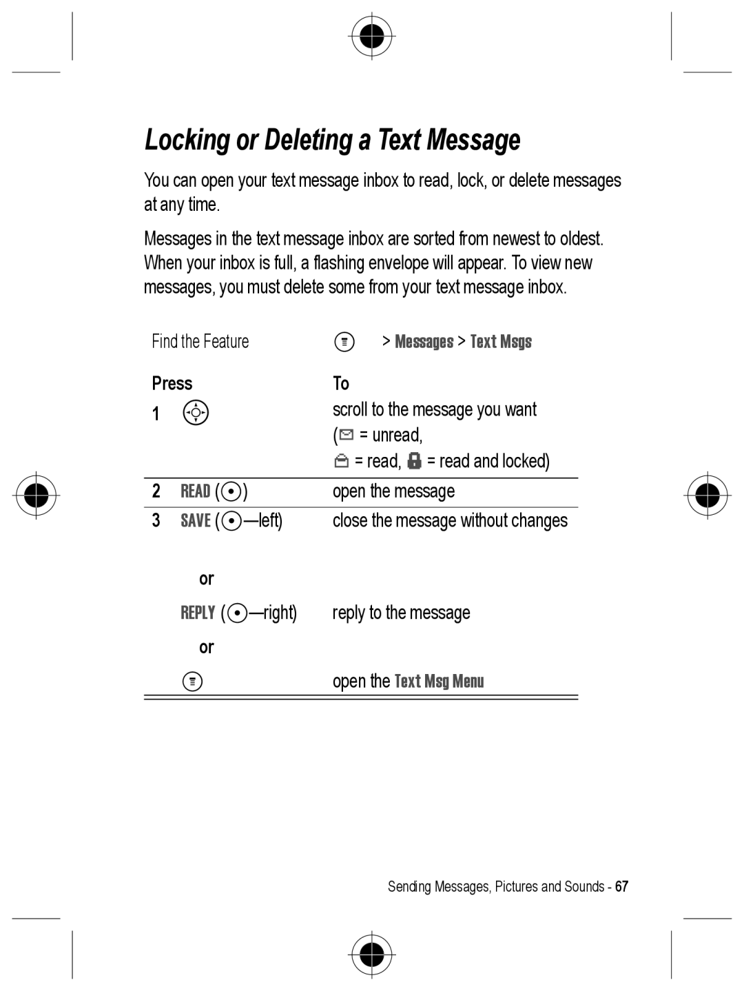 Motorola C330 manual Locking or Deleting a Text Message, Messages Text Msgs, Read +, Open the Text Msg Menu 