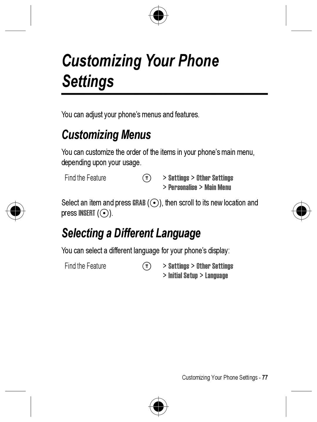 Motorola C330 Customizing Your Phone Settings, Customizing Menus, Selecting a Different Language, Initial Setup Language 