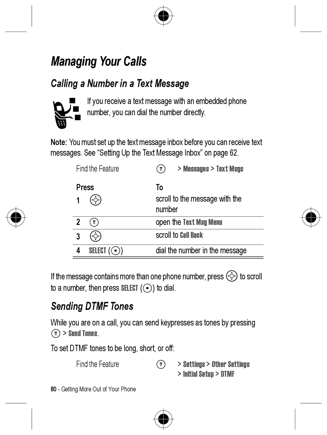 Motorola C330 manual Managing Your Calls, Calling a Number in a Text Message, Sending Dtmf Tones, Initial Setup Dtmf 