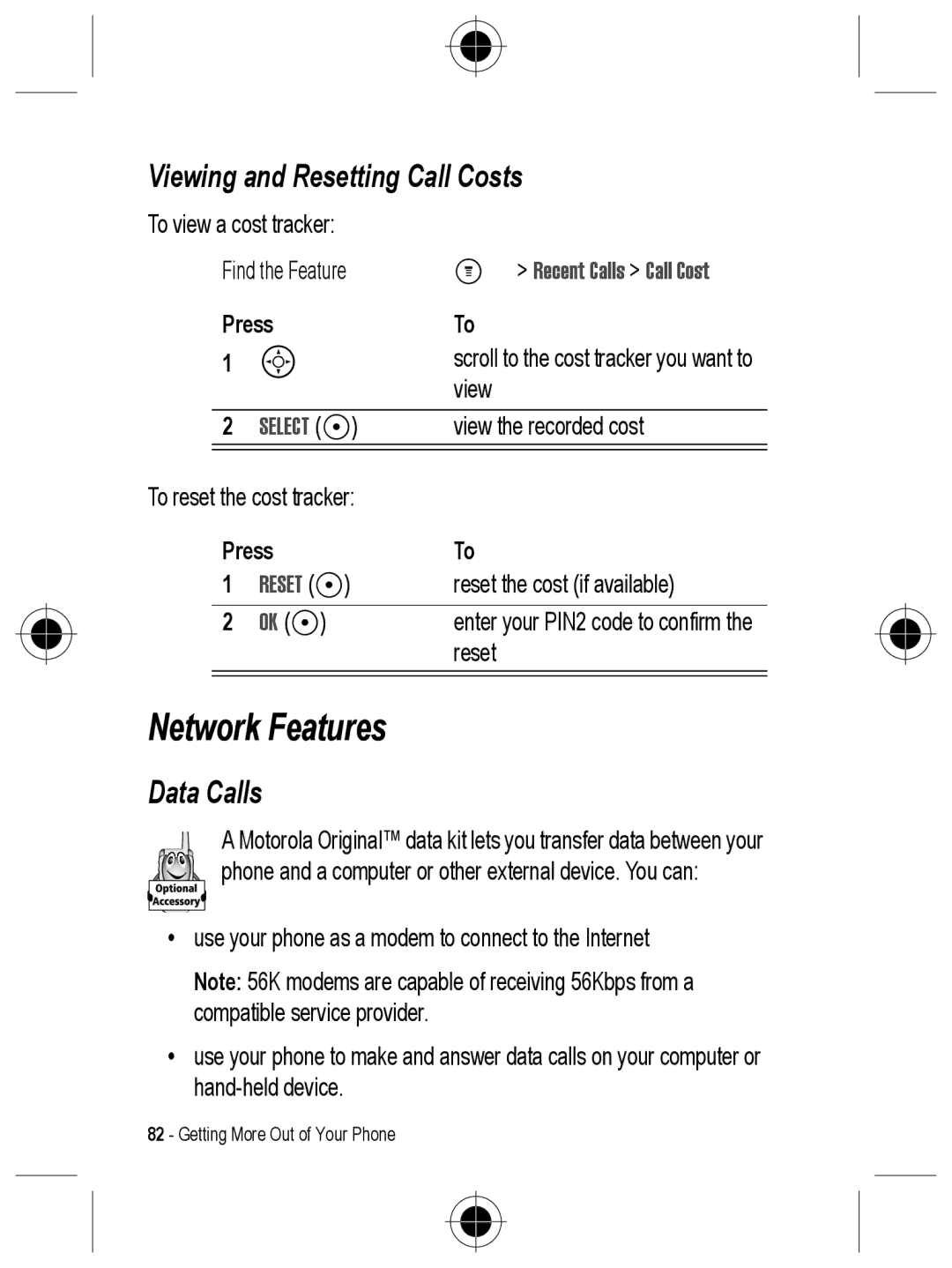 Motorola C330 manual Network Features, Viewing and Resetting Call Costs, Data Calls, Recent Calls Call Cost 