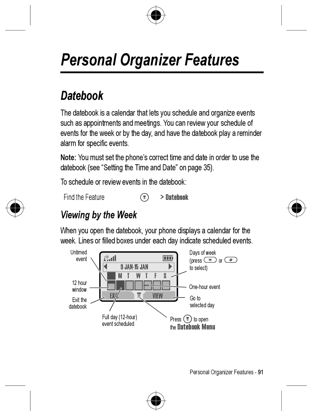 Motorola C330 manual Personal Organizer Features, Viewing by the Week, Datebook Menu 