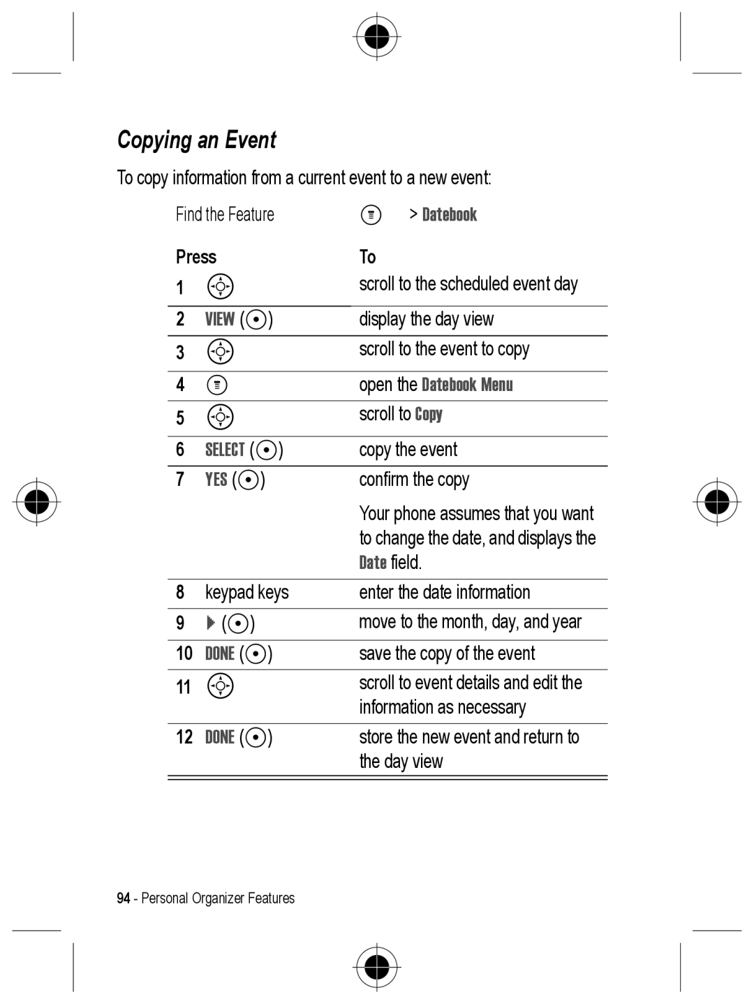 Motorola C330 manual Copying an Event, Open the Datebook Menu, Yes + 