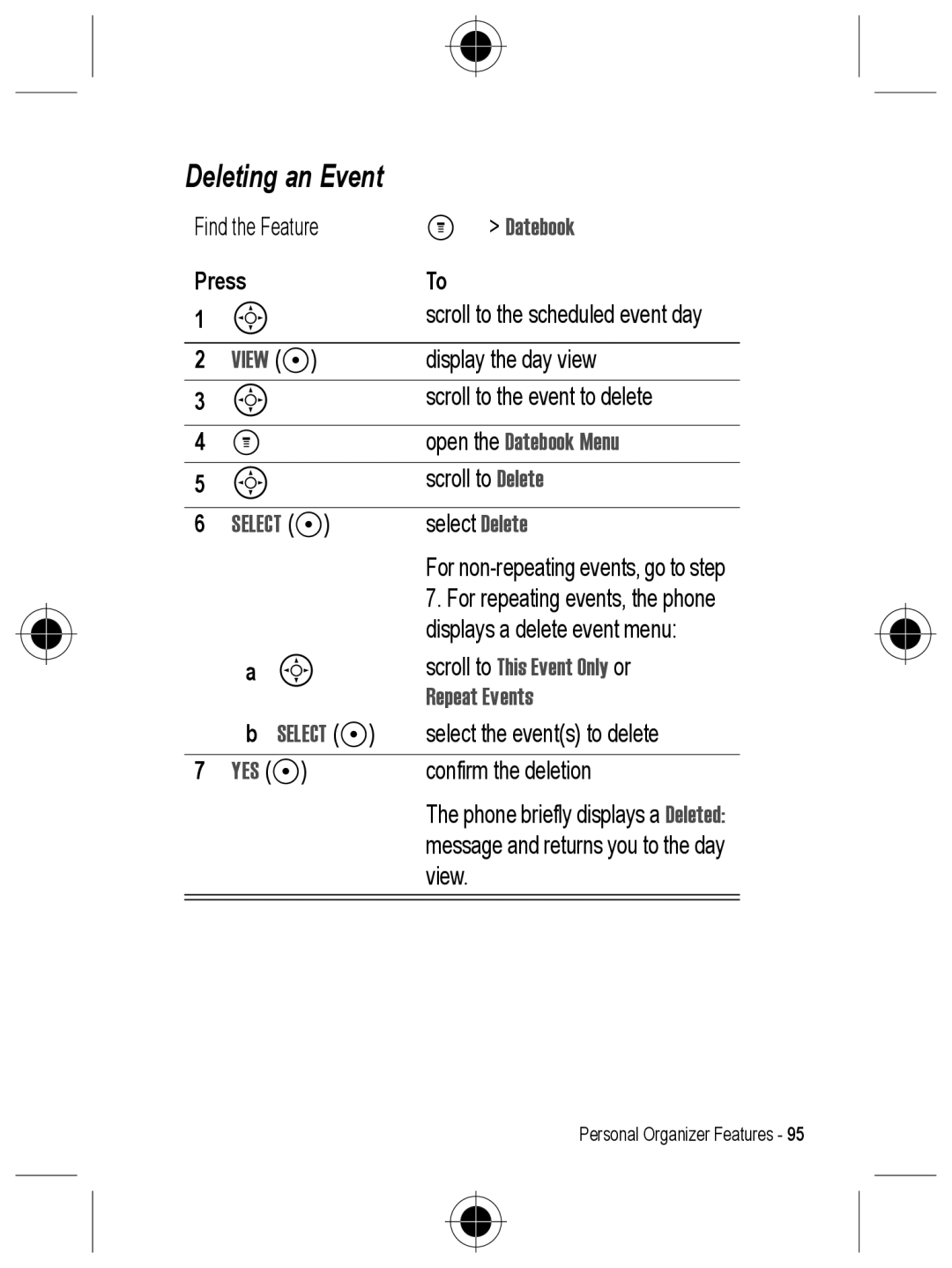 Motorola C330 manual Deleting an Event, Scroll to This Event Only or, Repeat Events, Yes 