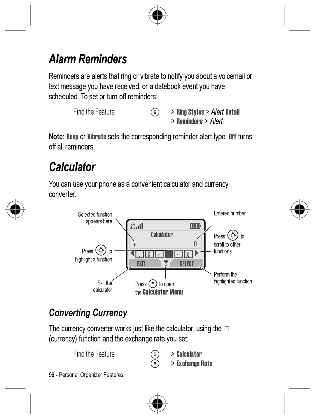 Motorola C330 manual Alarm Reminders, Calculator, Converting Currency 