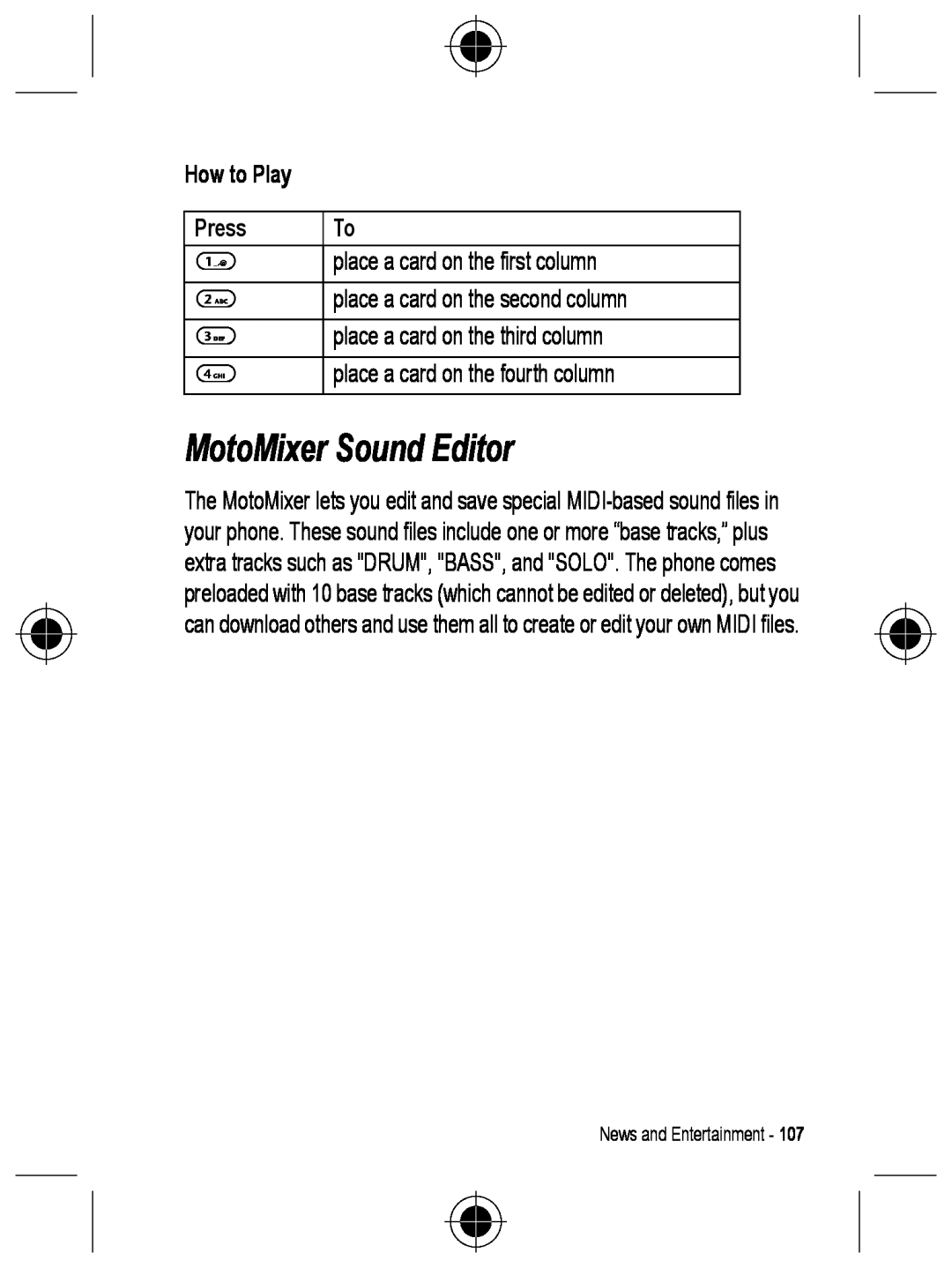 Motorola C330 manual MotoMixer Sound Editor, place a card on the first column, place a card on the second column 