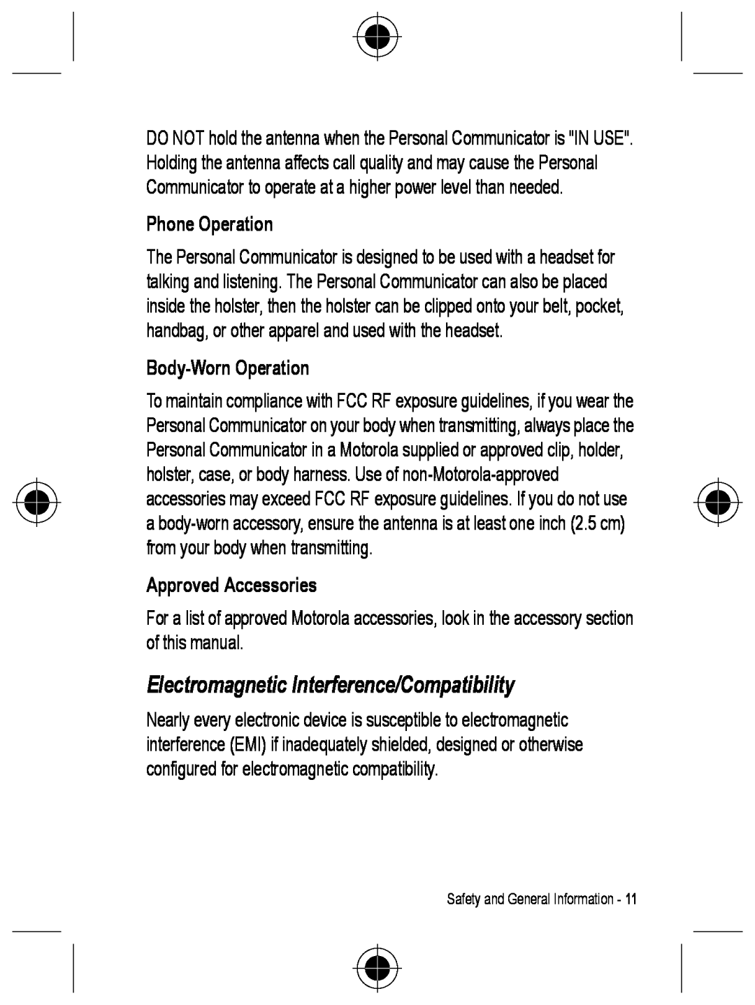 Motorola C330 manual Electromagnetic Interference/Compatibility, Phone Operation, Body-Worn Operation, Approved Accessories 