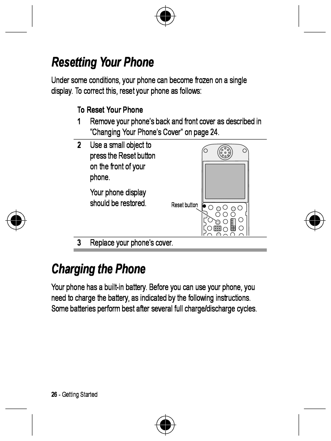 Motorola C330 manual Resetting Your Phone, Charging the Phone, To Reset Your Phone 
