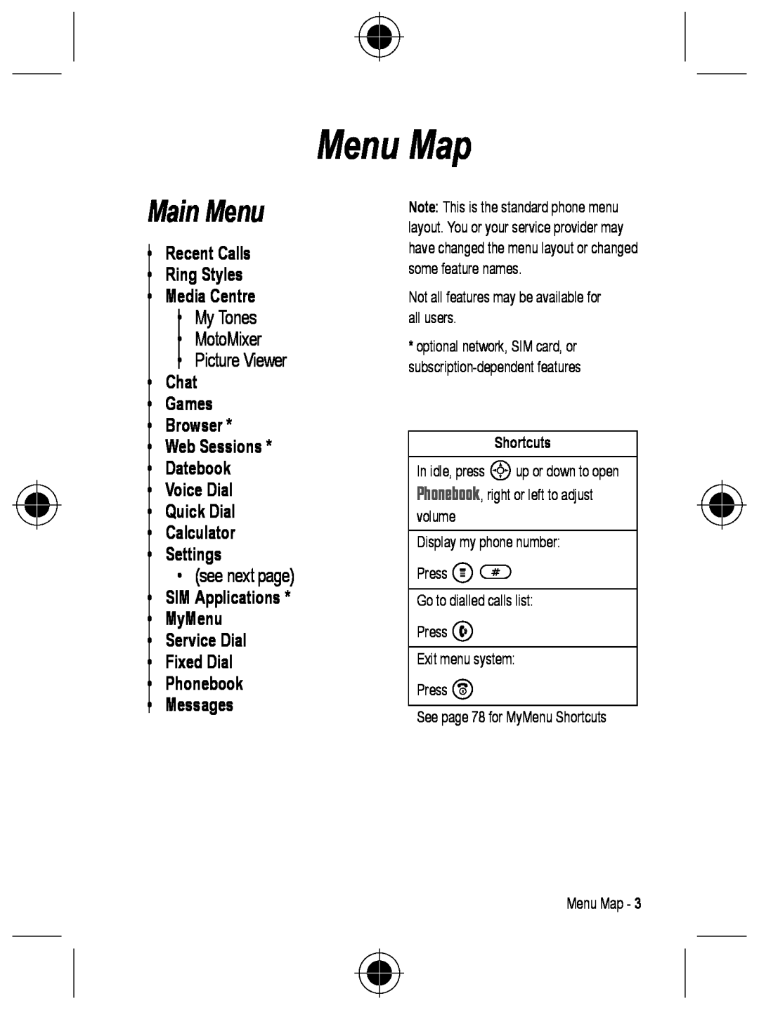 Motorola C330 manual Menu Map, Main Menu, Shortcuts 