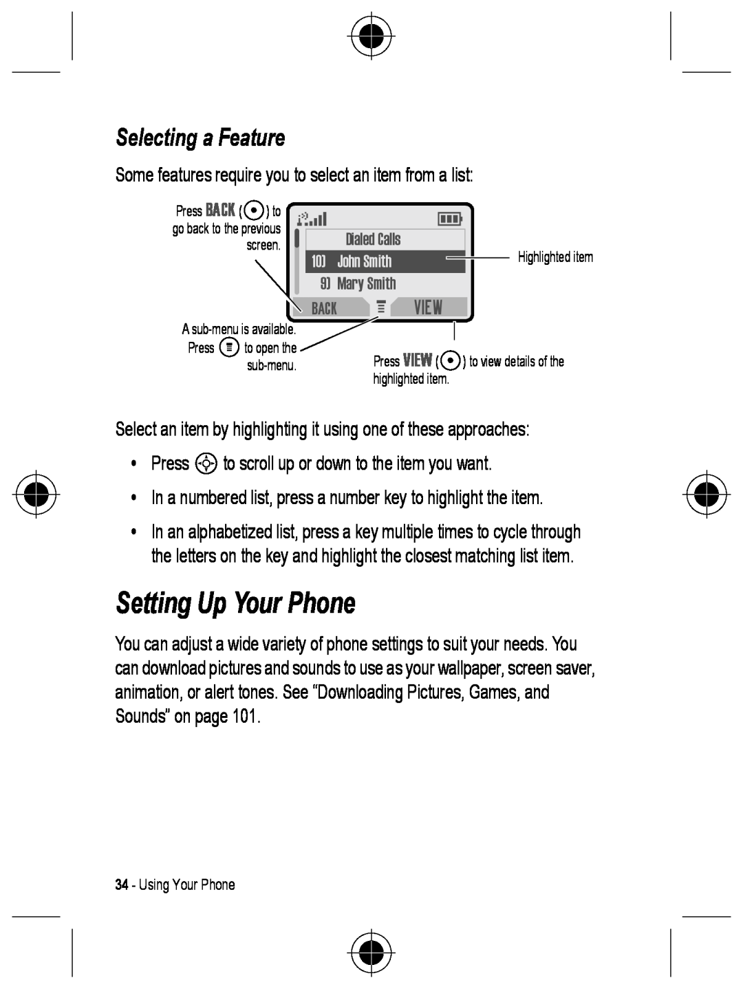 Motorola C330 manual Setting Up Your Phone, Selecting a Feature 