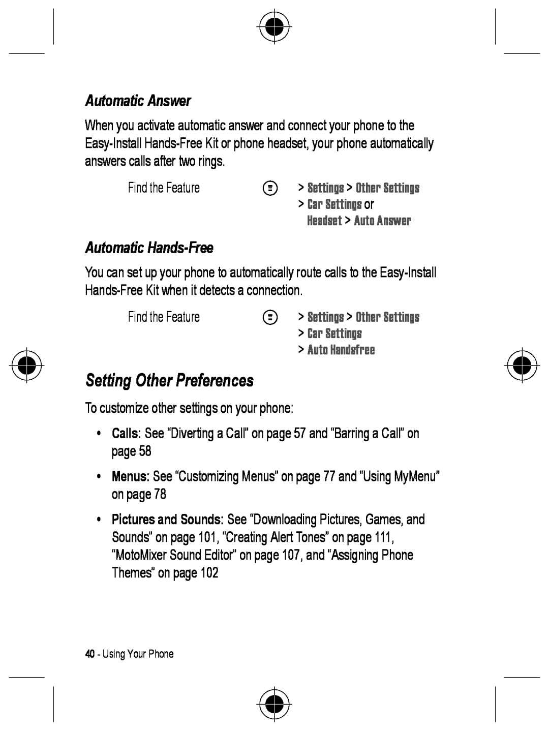 Motorola C330 Setting Other Preferences, Automatic Answer, Automatic Hands-Free, M Settings Other Settings, Car Settings 