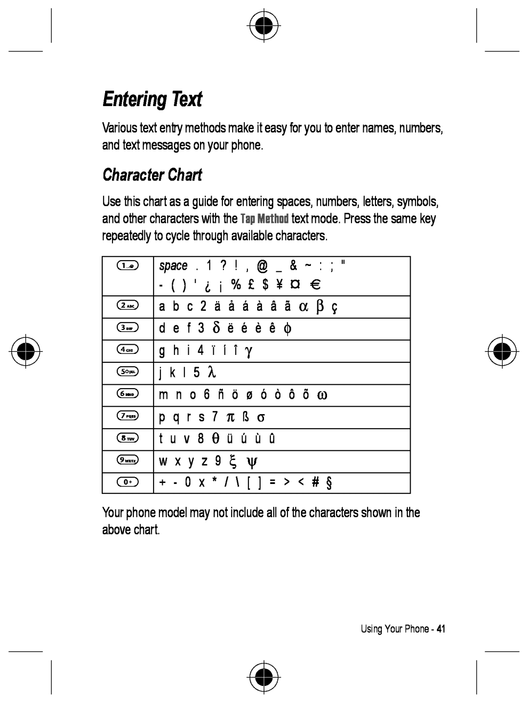 Motorola C330 manual Entering Text, Character Chart 