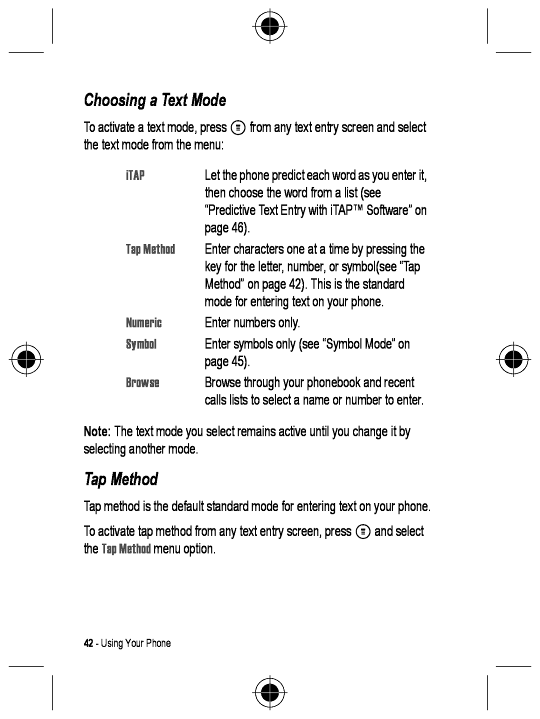 Motorola C330 manual Choosing a Text Mode, Tap Method, iTAP, Numeric, Symbol, Browse 