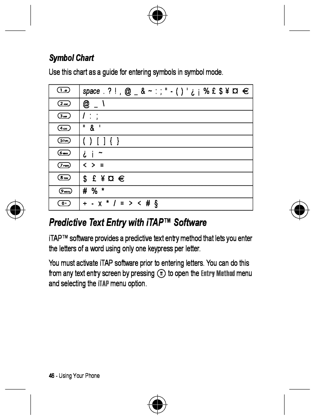 Motorola C330 manual Predictive Text Entry with iTAP Software, Symbol Chart 