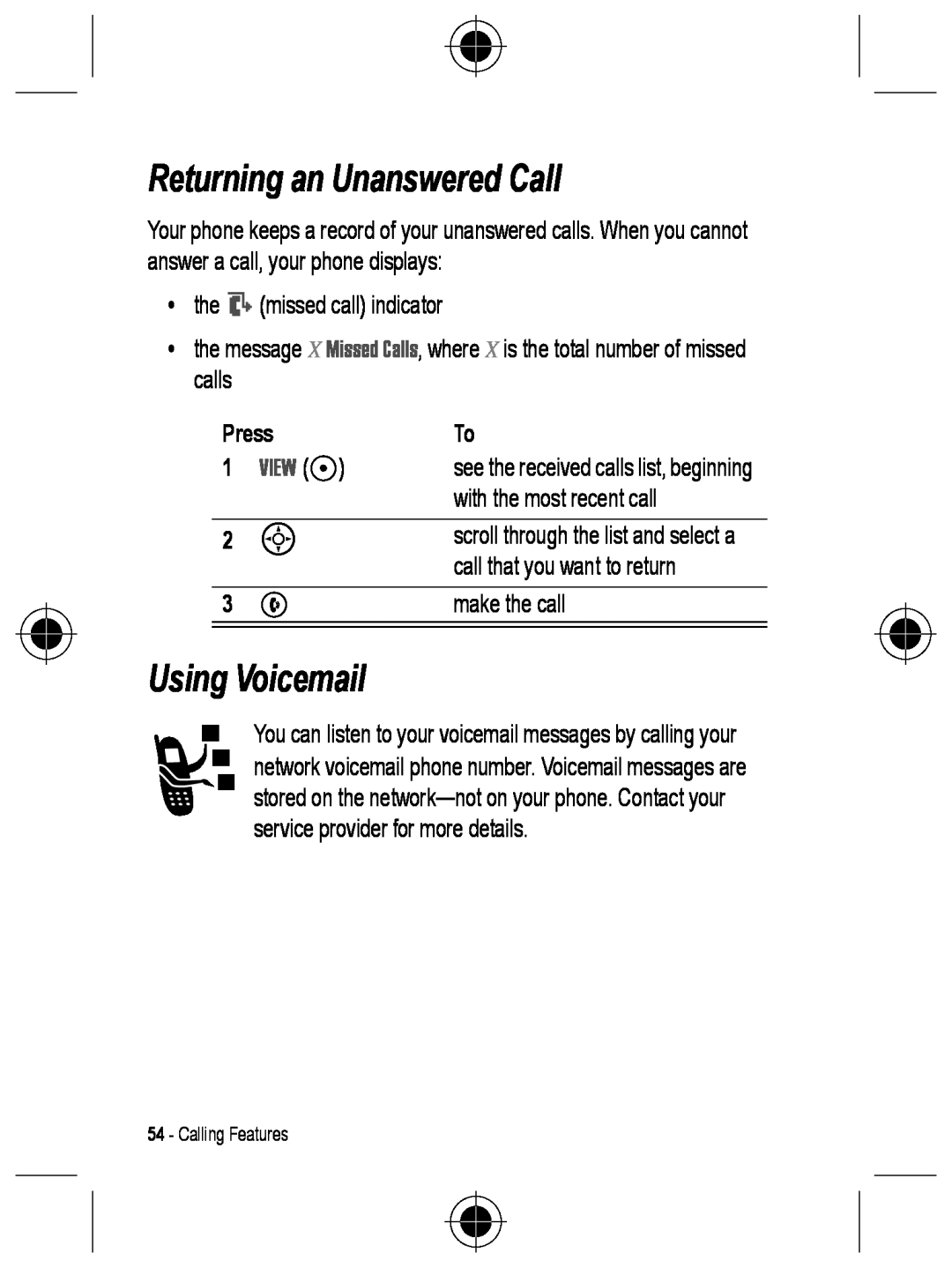 Motorola C330 manual Returning an Unanswered Call, Using Voicemail, View + 