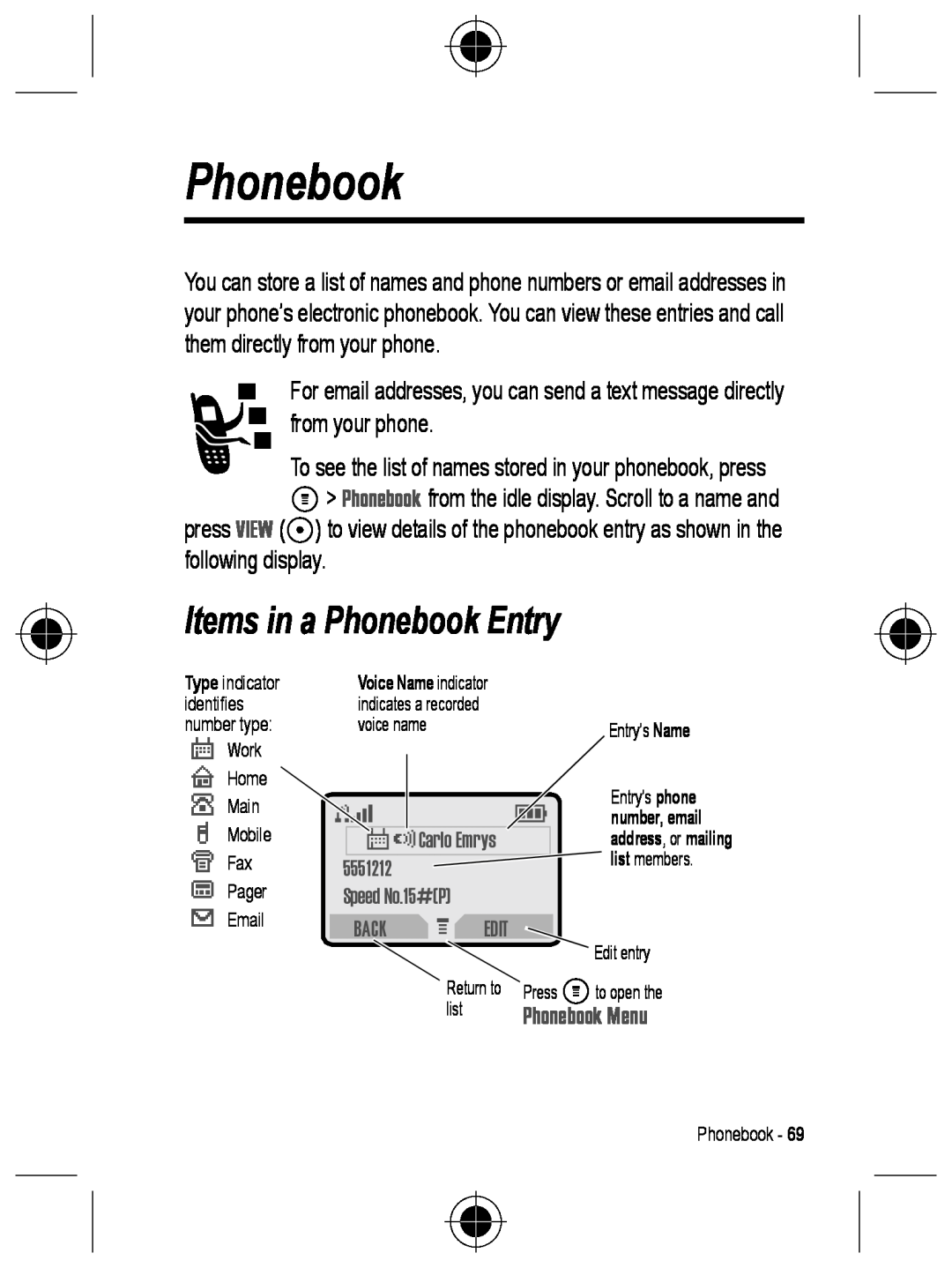 Motorola C330 manual Items in a Phonebook Entry, Phonebook Menu 
