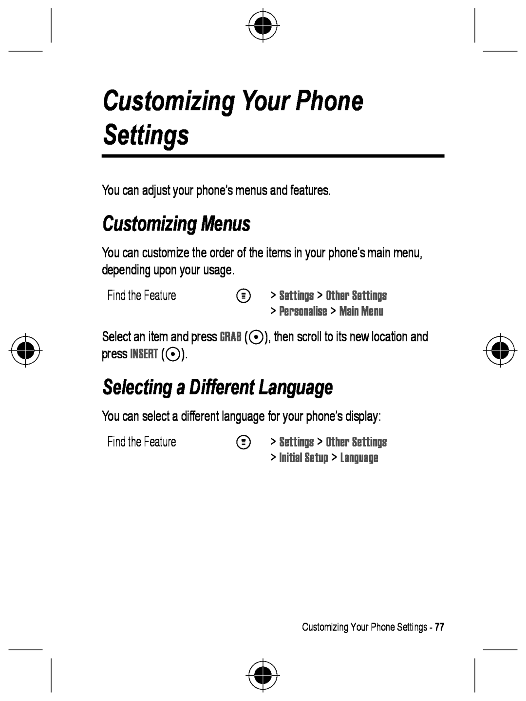 Motorola C330 Customizing Your Phone Settings, Customizing Menus, Selecting a Different Language, Initial Setup Language 