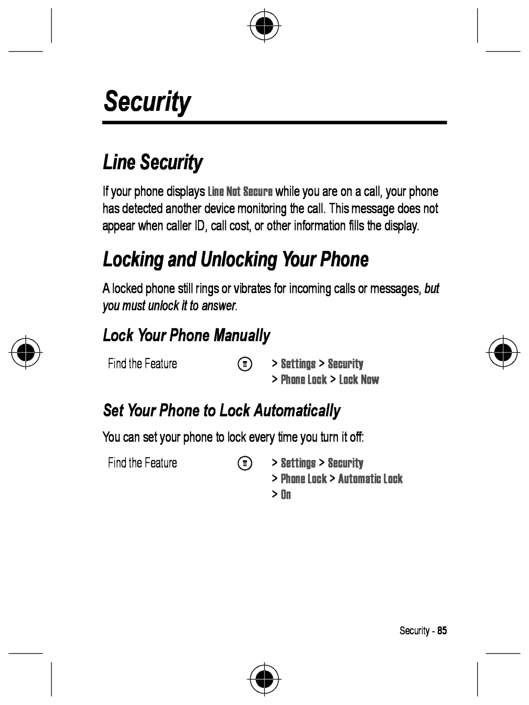 Motorola C330 manual Line Security, Locking and Unlocking Your Phone, Lock Your Phone Manually, M Settings Security 