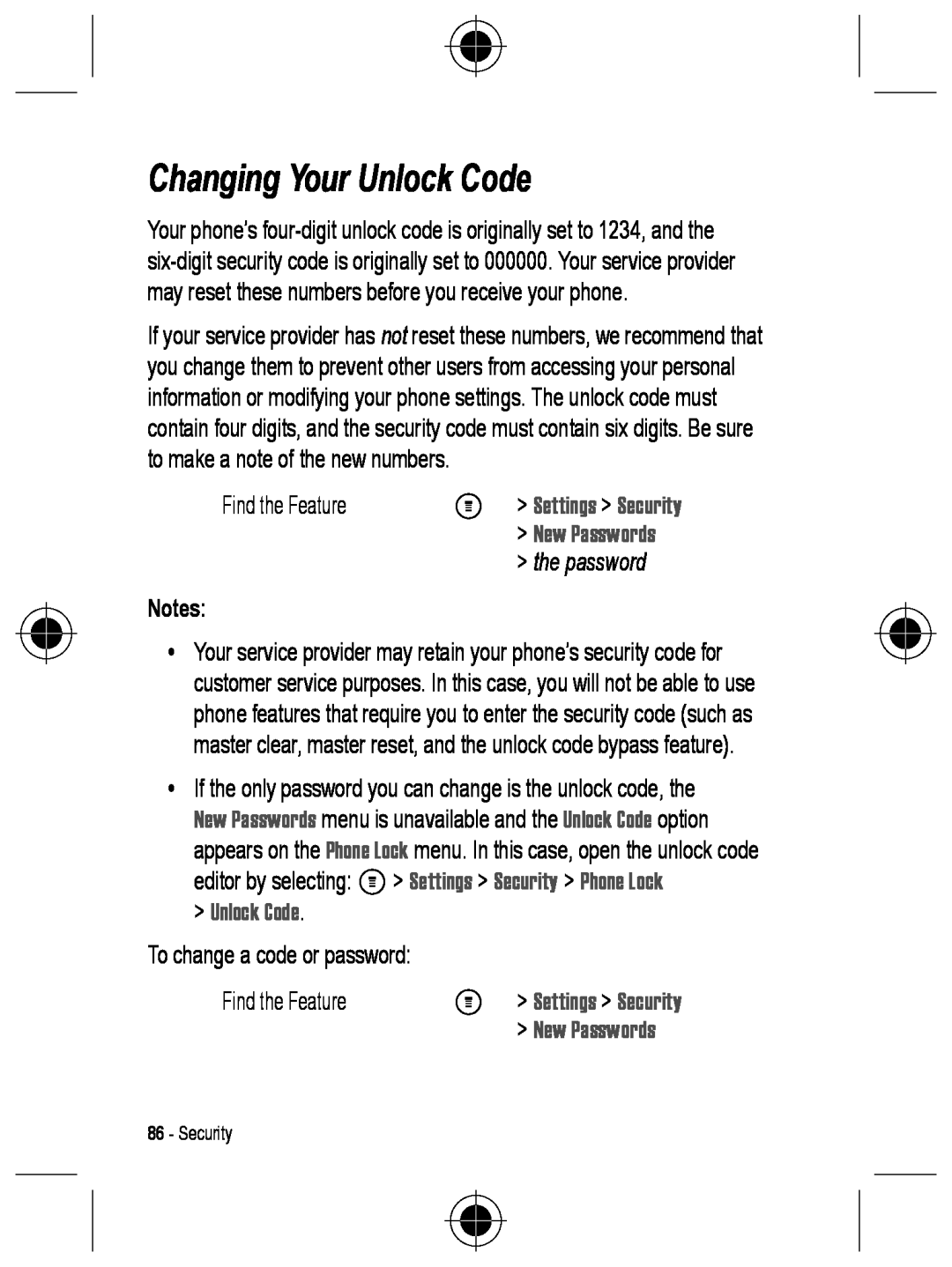 Motorola C330 manual Changing Your Unlock Code, M Settings Security, New Passwords, the password 