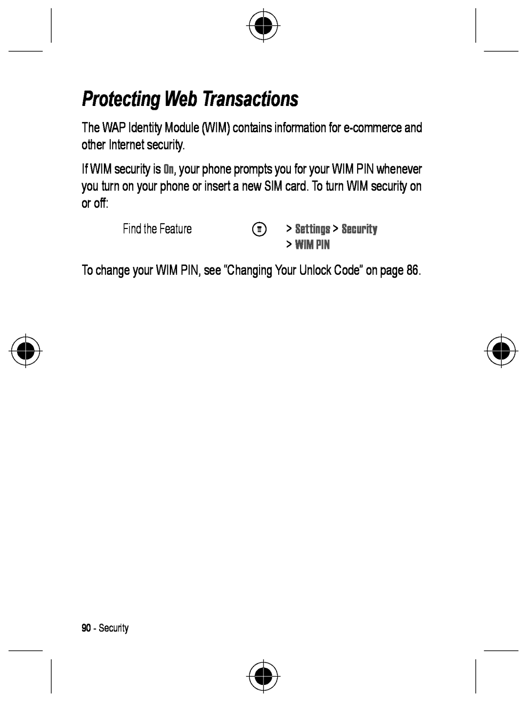 Motorola C330 manual Protecting Web Transactions, M Settings Security, Wim Pin 