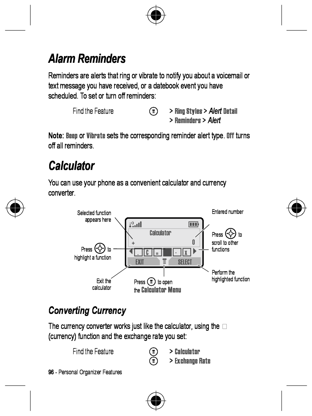 Motorola C330 manual Alarm Reminders, Calculator, Converting Currency, M Ring Styles Alert Detail, Reminders Alert 