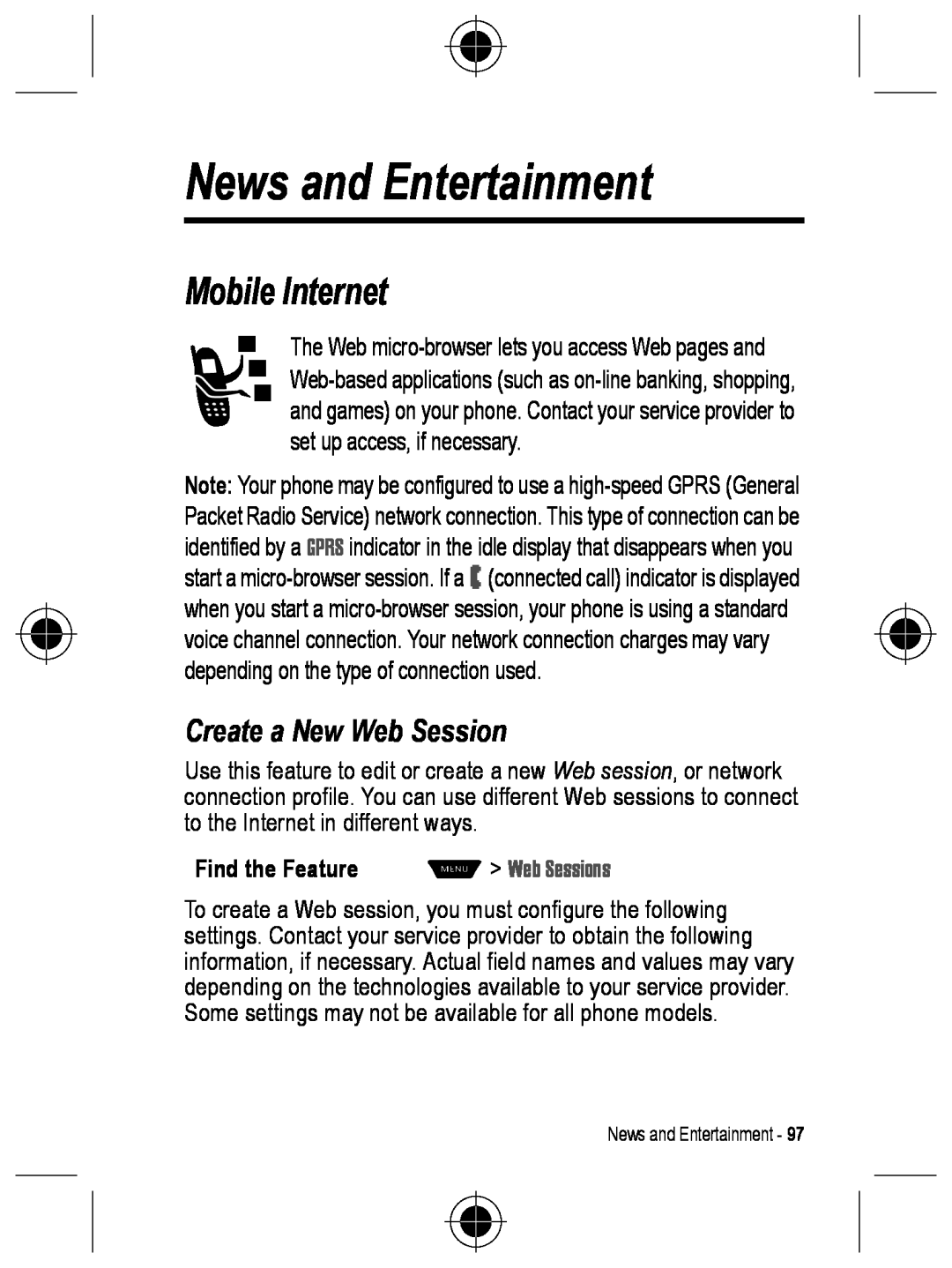 Motorola C330 manual News and Entertainment, Mobile Internet, Create a New Web Session, Find the Feature, M Web Sessions 