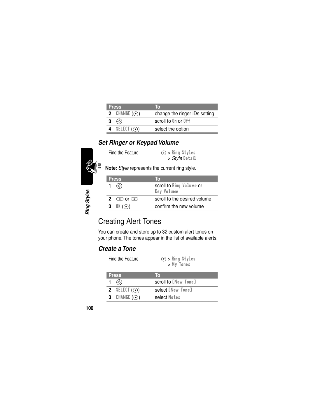 Motorola C331 manual Creating Alert Tones, Set Ringer or Keypad Volume, Create a Tone, 100 